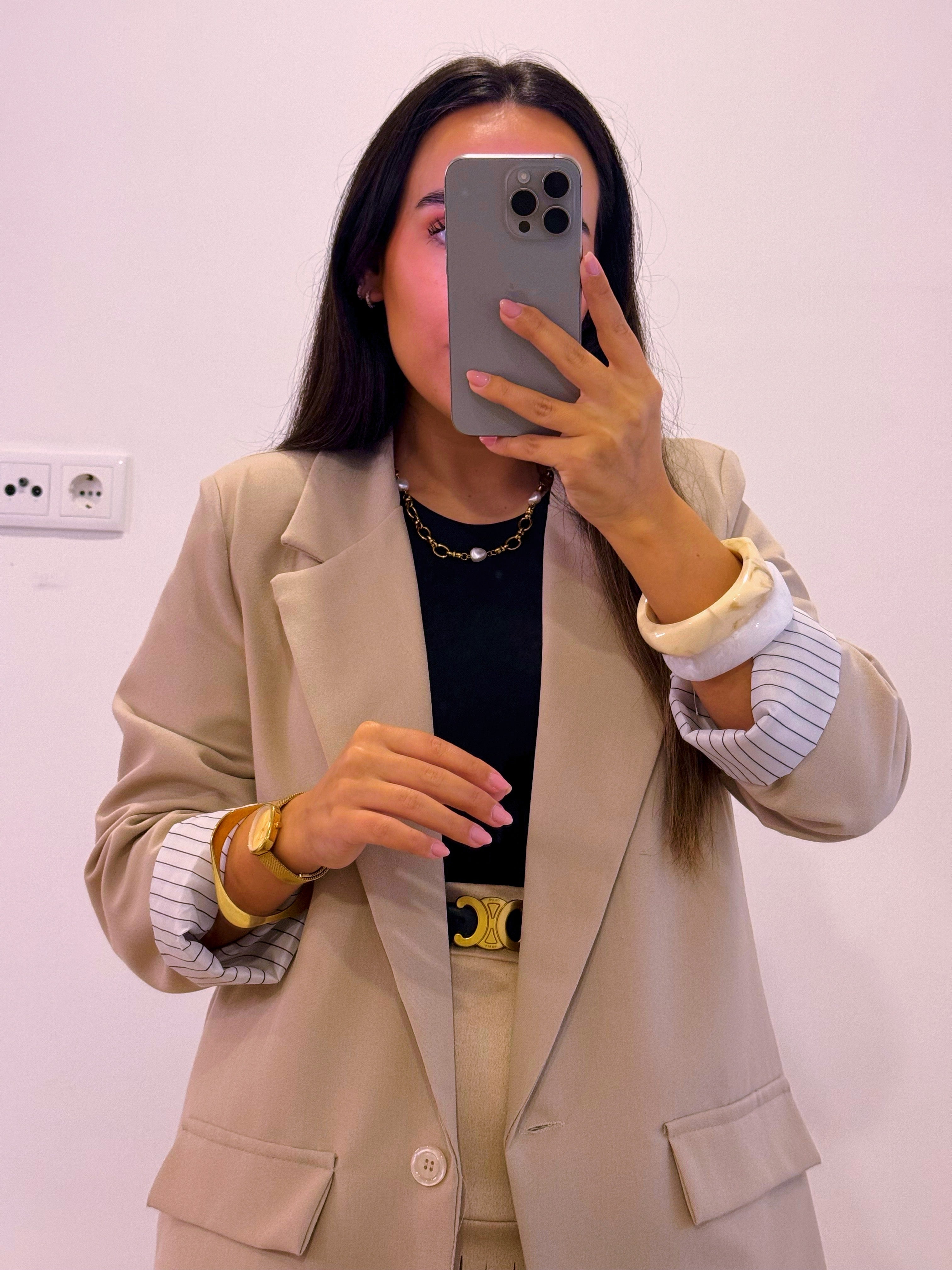 Blazer liso de corte reto com forro de risca diplomática | Bege