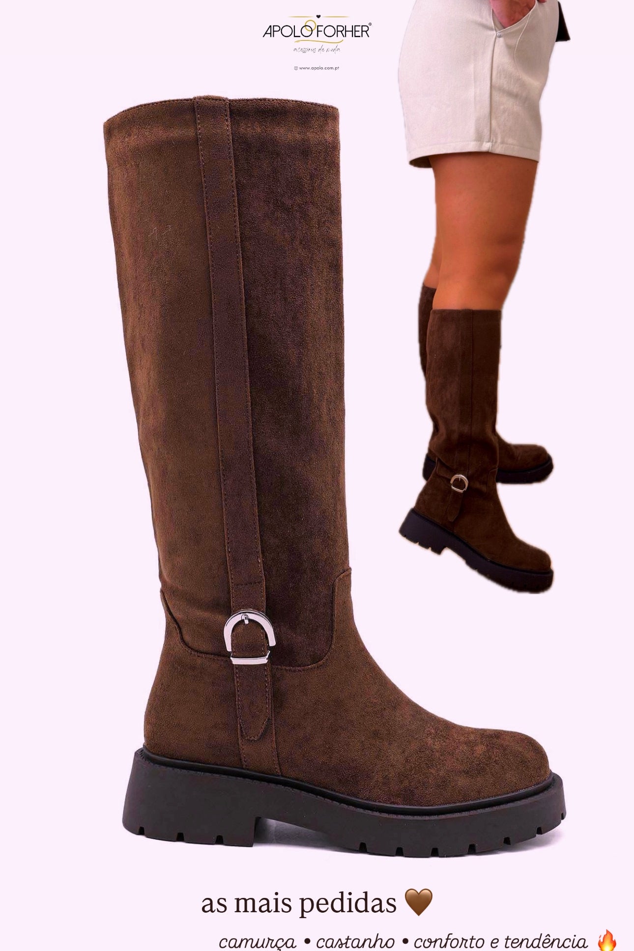 Botas de cano alto efeito camurça com pormenor de fivela | Castanho