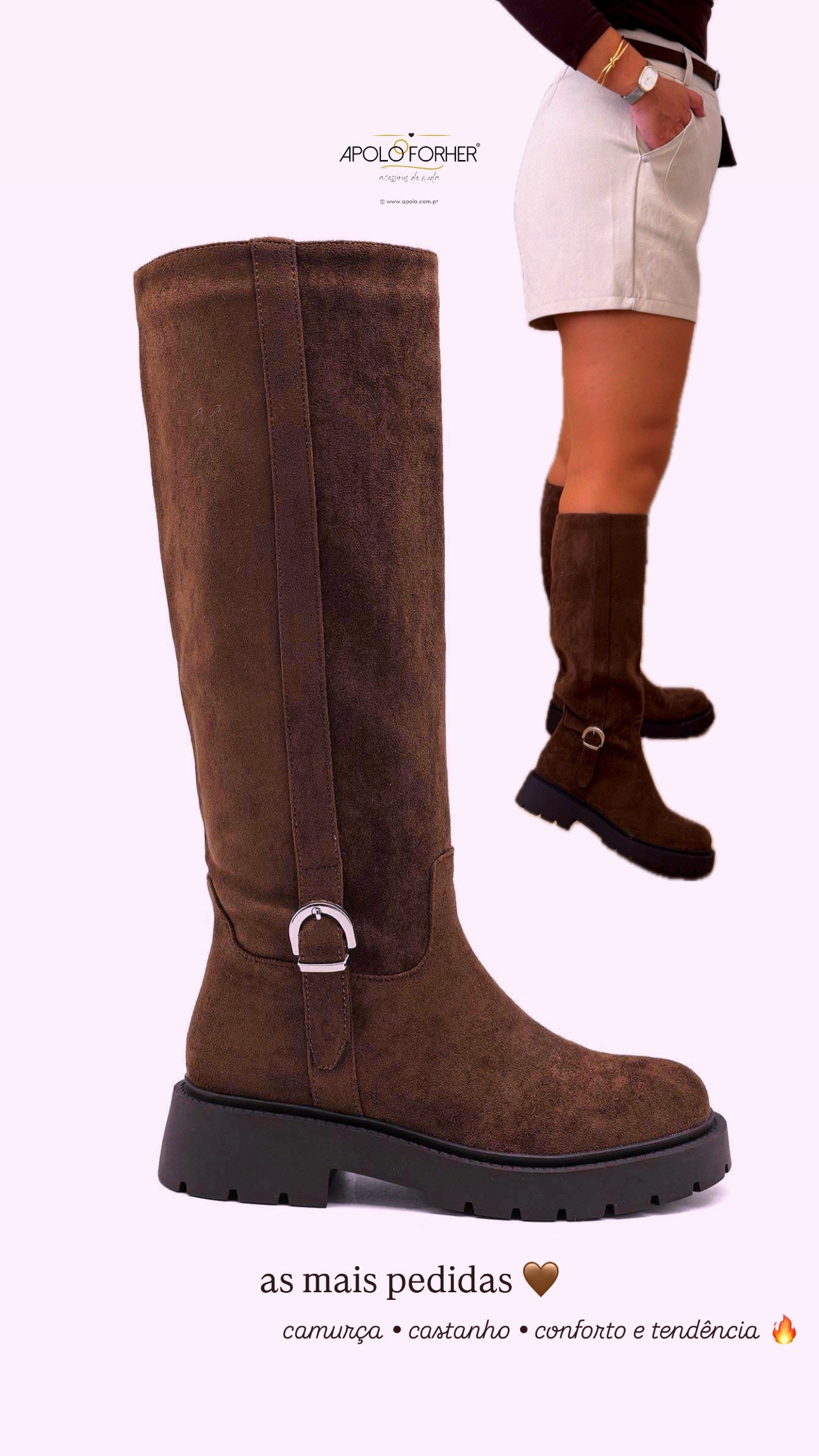 Botas de cano alto efeito camurça com pormenor de fivela | Castanho