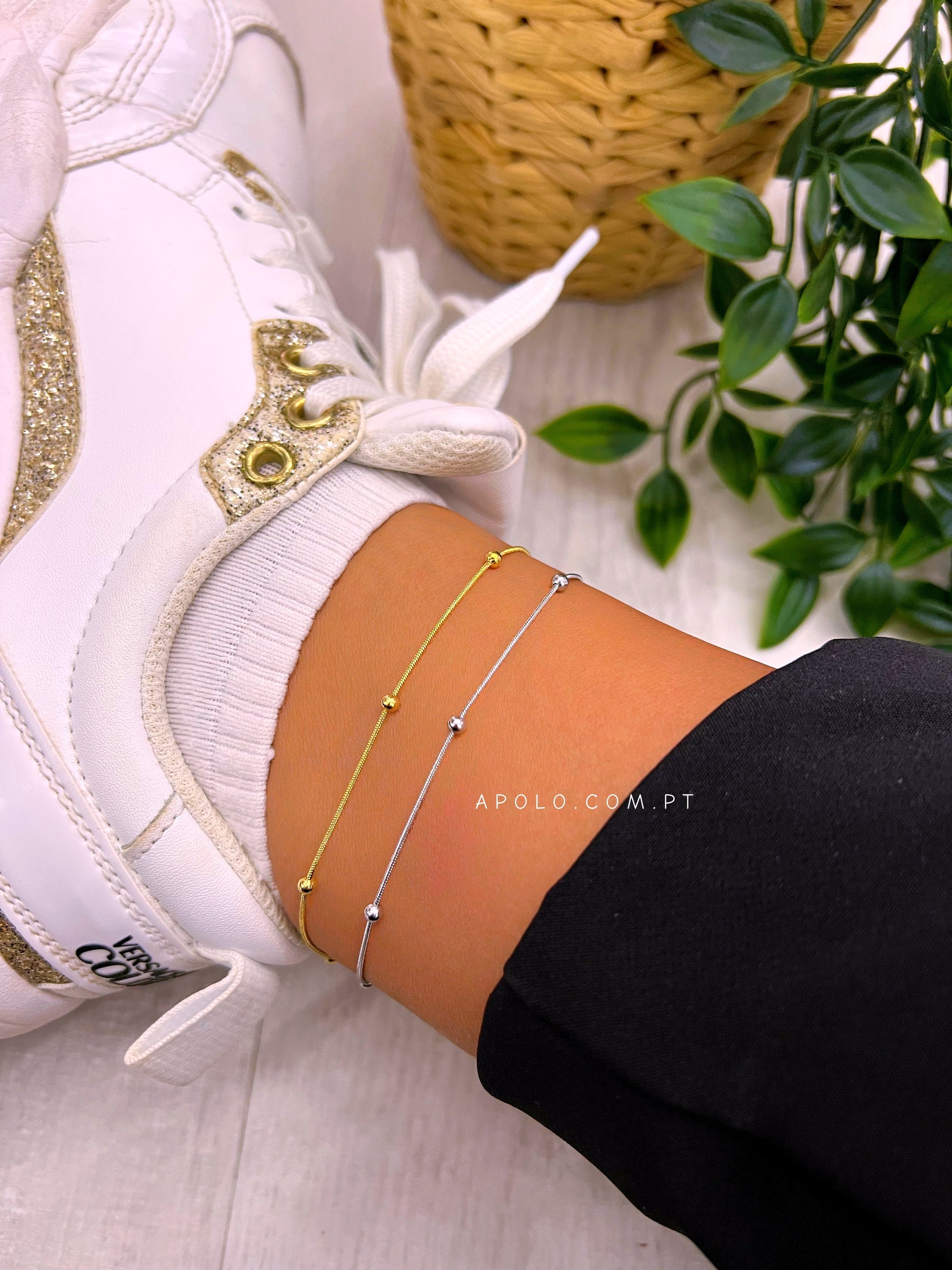 Pulseira de pé malha redonda fininha e bolinhas | 2 cores