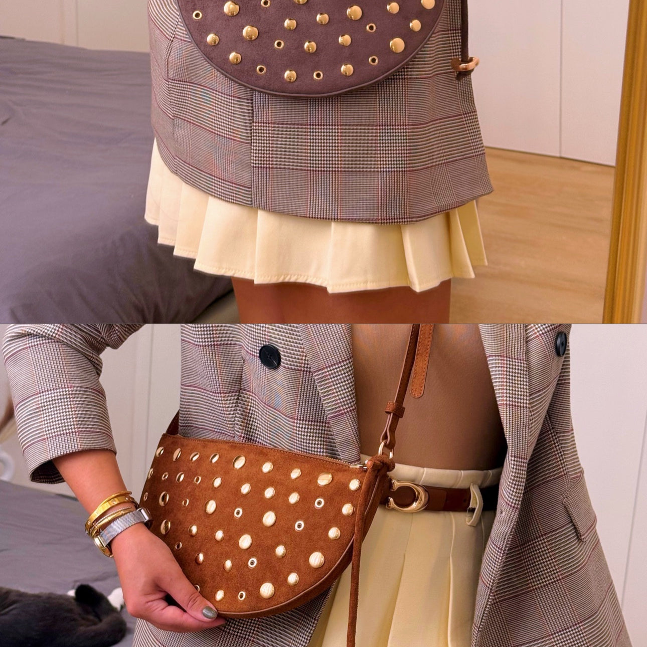 Mala meia lua efeito camurça com pormenores dourados | 2 Cores