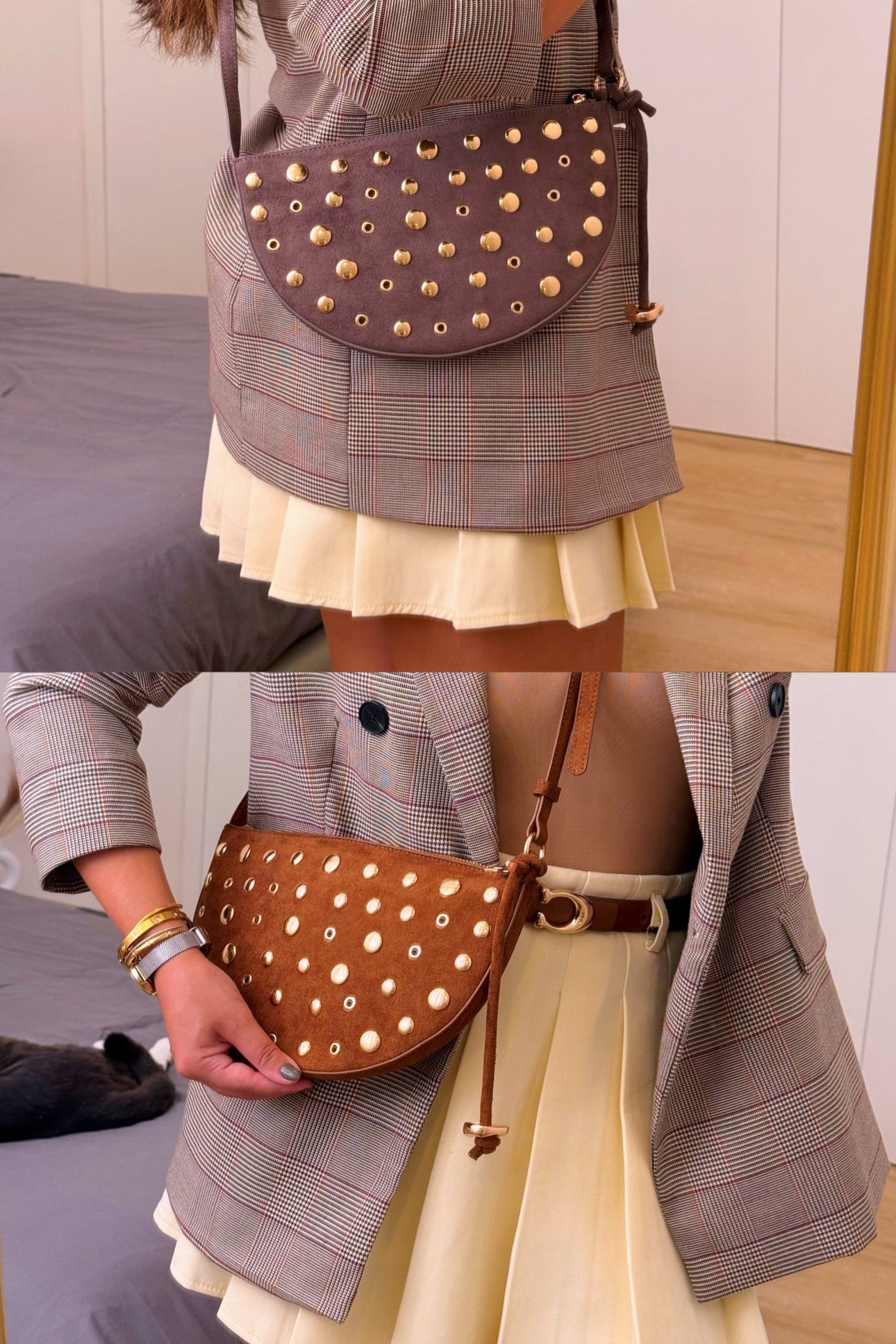 Mala meia lua efeito camurça com pormenores dourados | 2 Cores