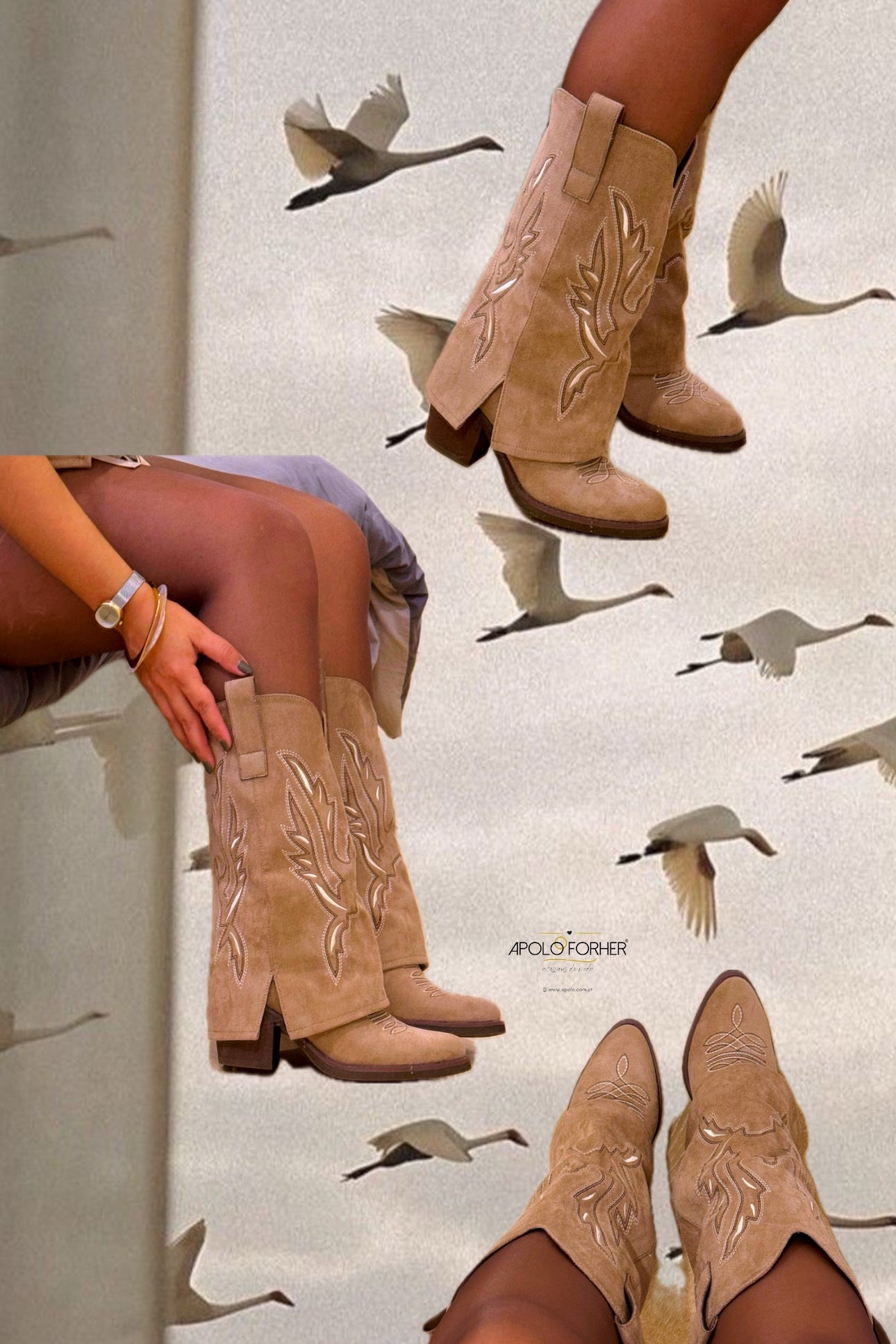 Bota com aba em efeito camurça e pormenores bordados • Castanha