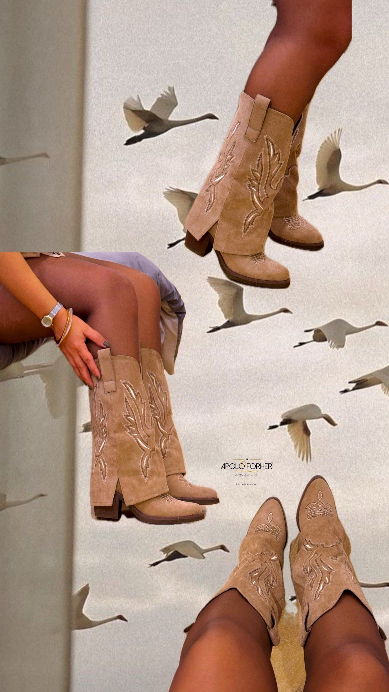 Bota com aba em efeito camurça e pormenores bordados • Castanha