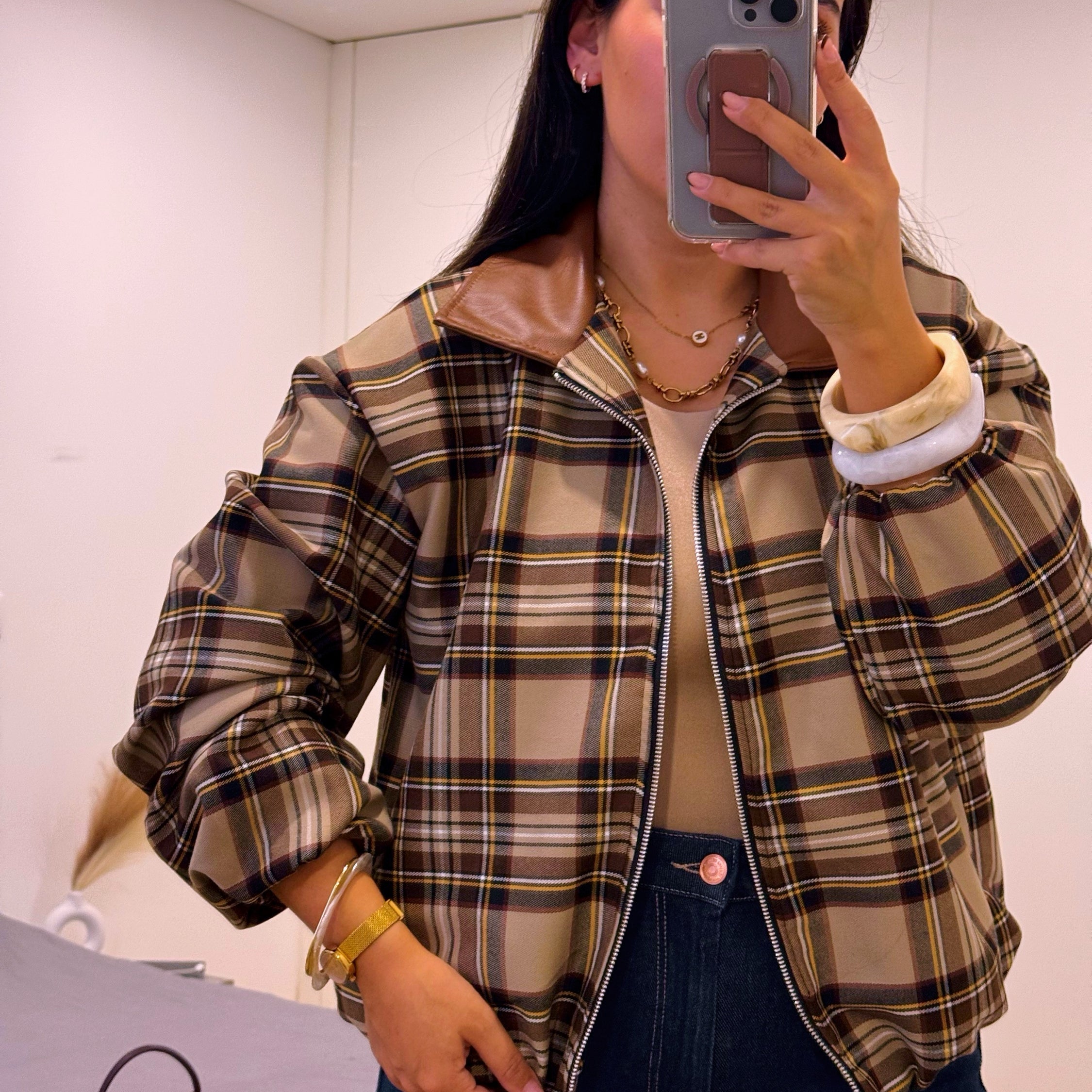 Casaco estilo bomber | Padrão xadrez castanho