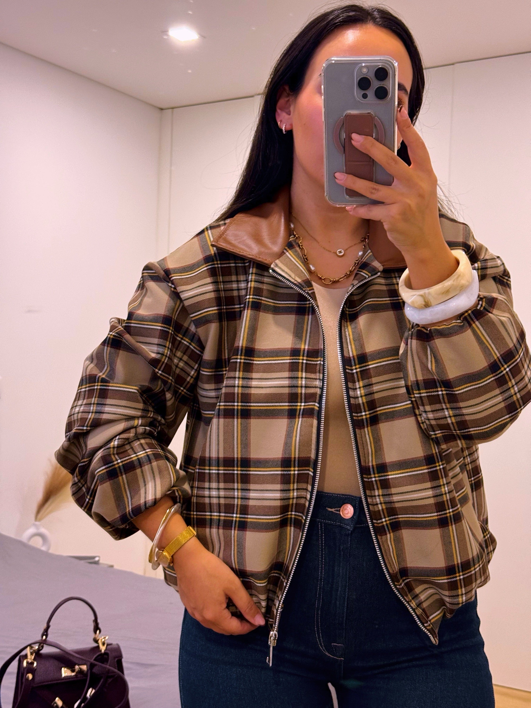 Casaco estilo bomber | Padrão xadrez castanho