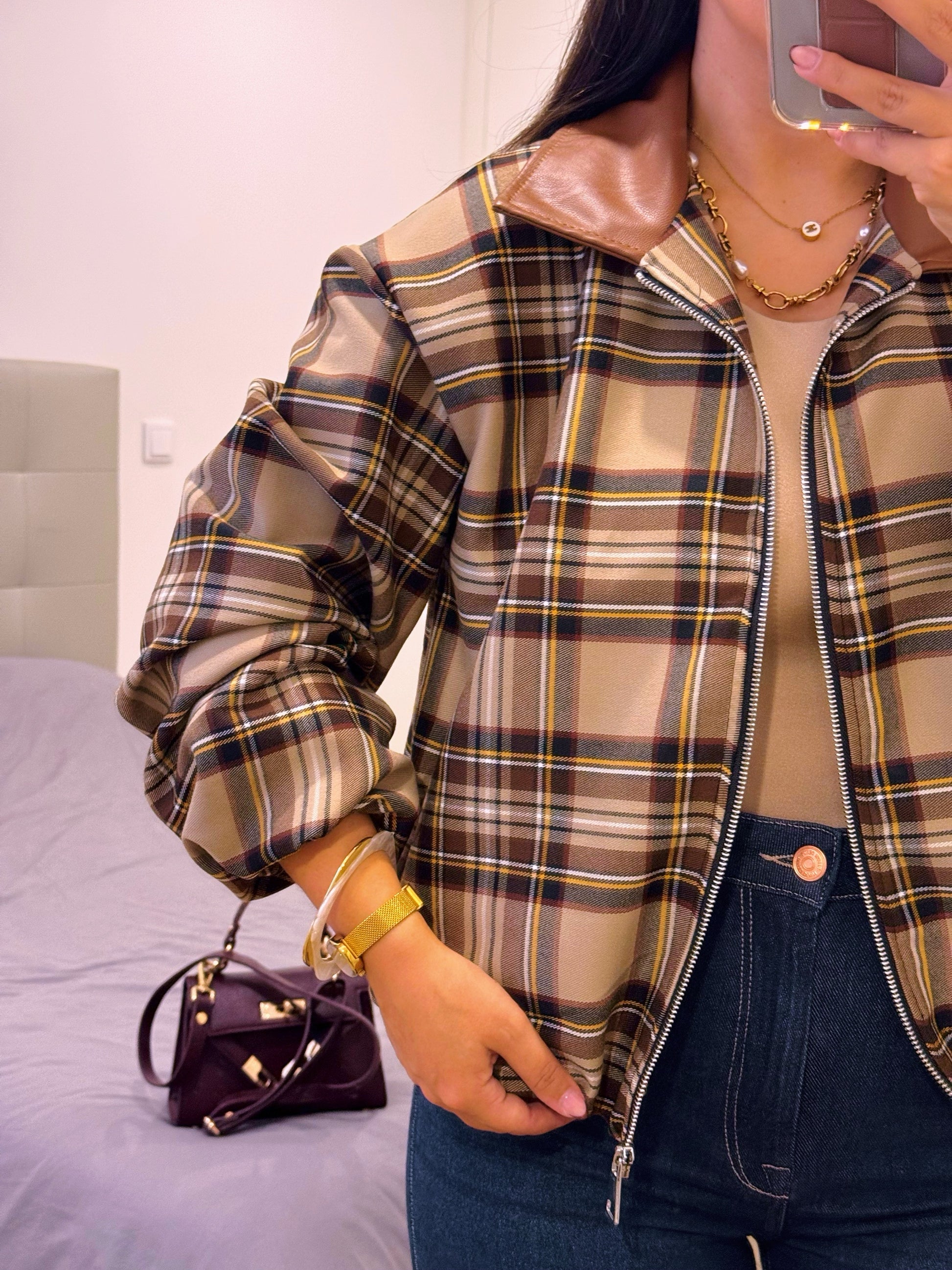 Casaco estilo bomber | Padrão xadrez castanho