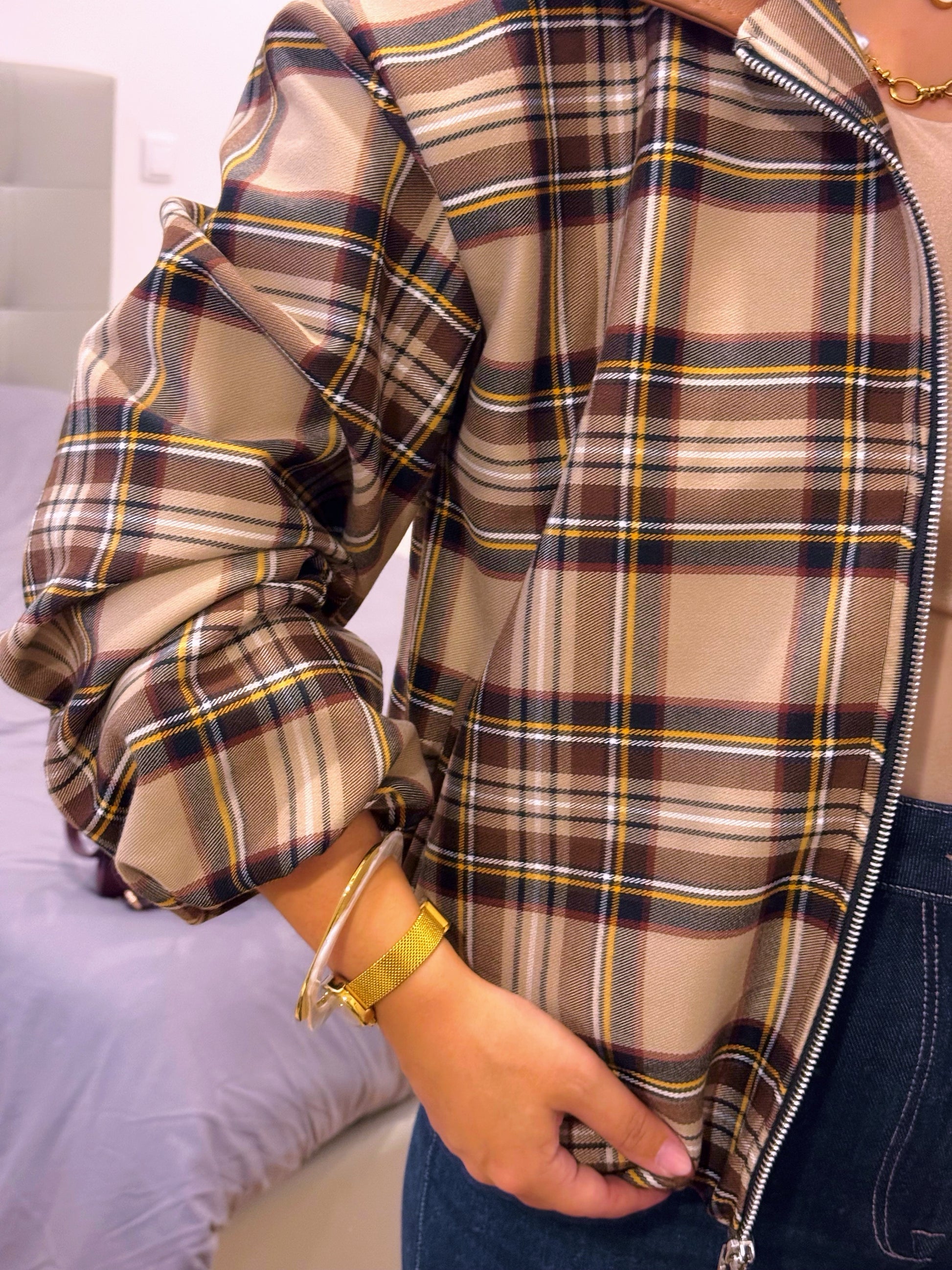 Casaco estilo bomber | Padrão xadrez castanho