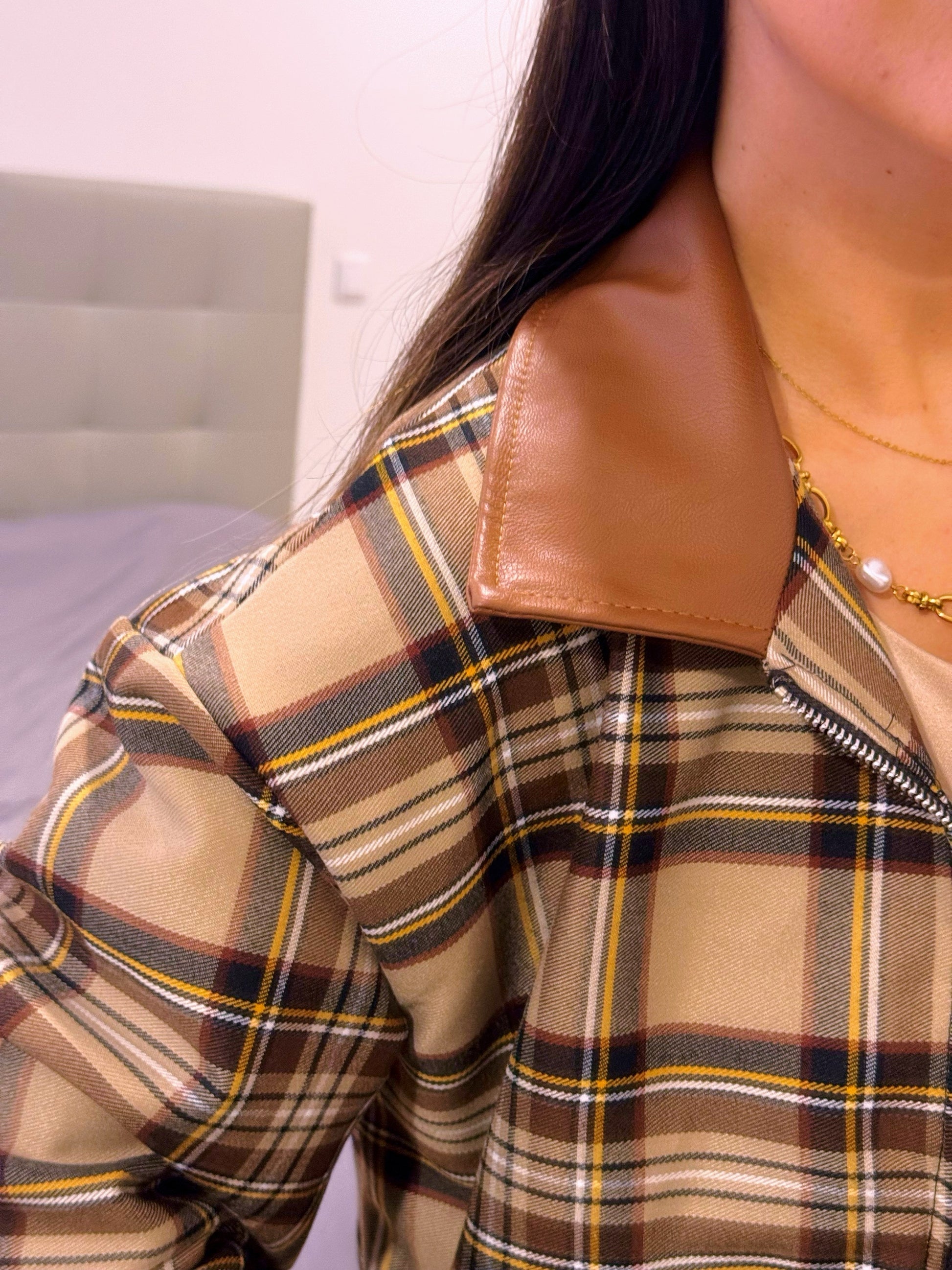 Casaco estilo bomber | Padrão xadrez castanho