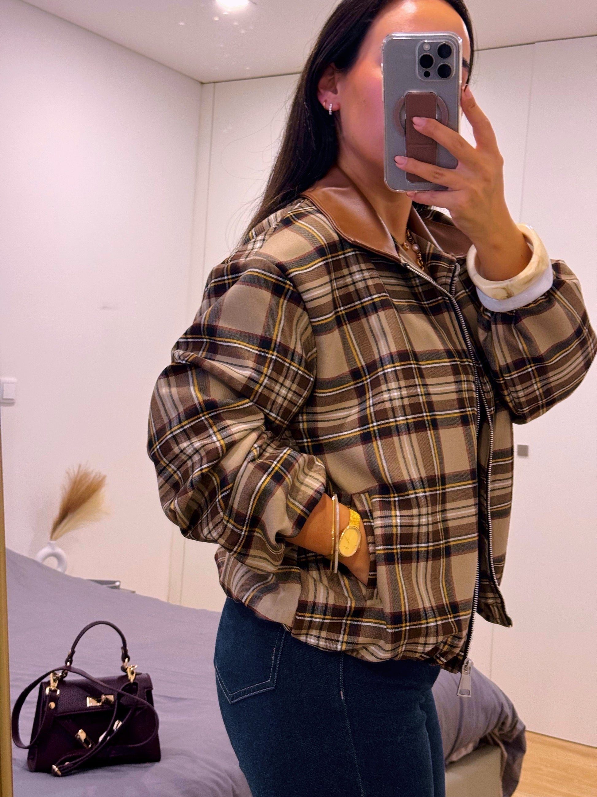 Casaco estilo bomber | Padrão xadrez castanho