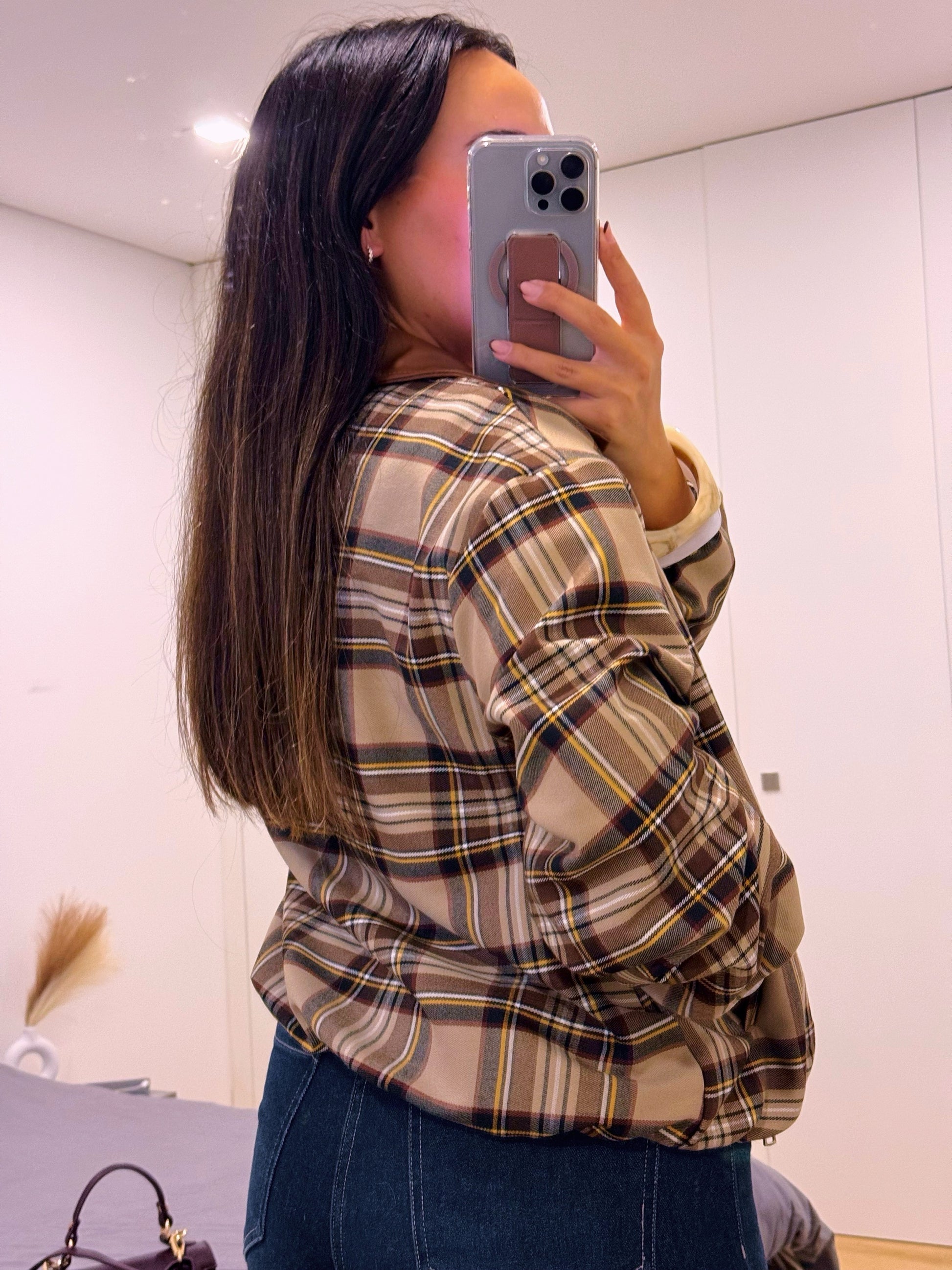 Casaco estilo bomber | Padrão xadrez castanho