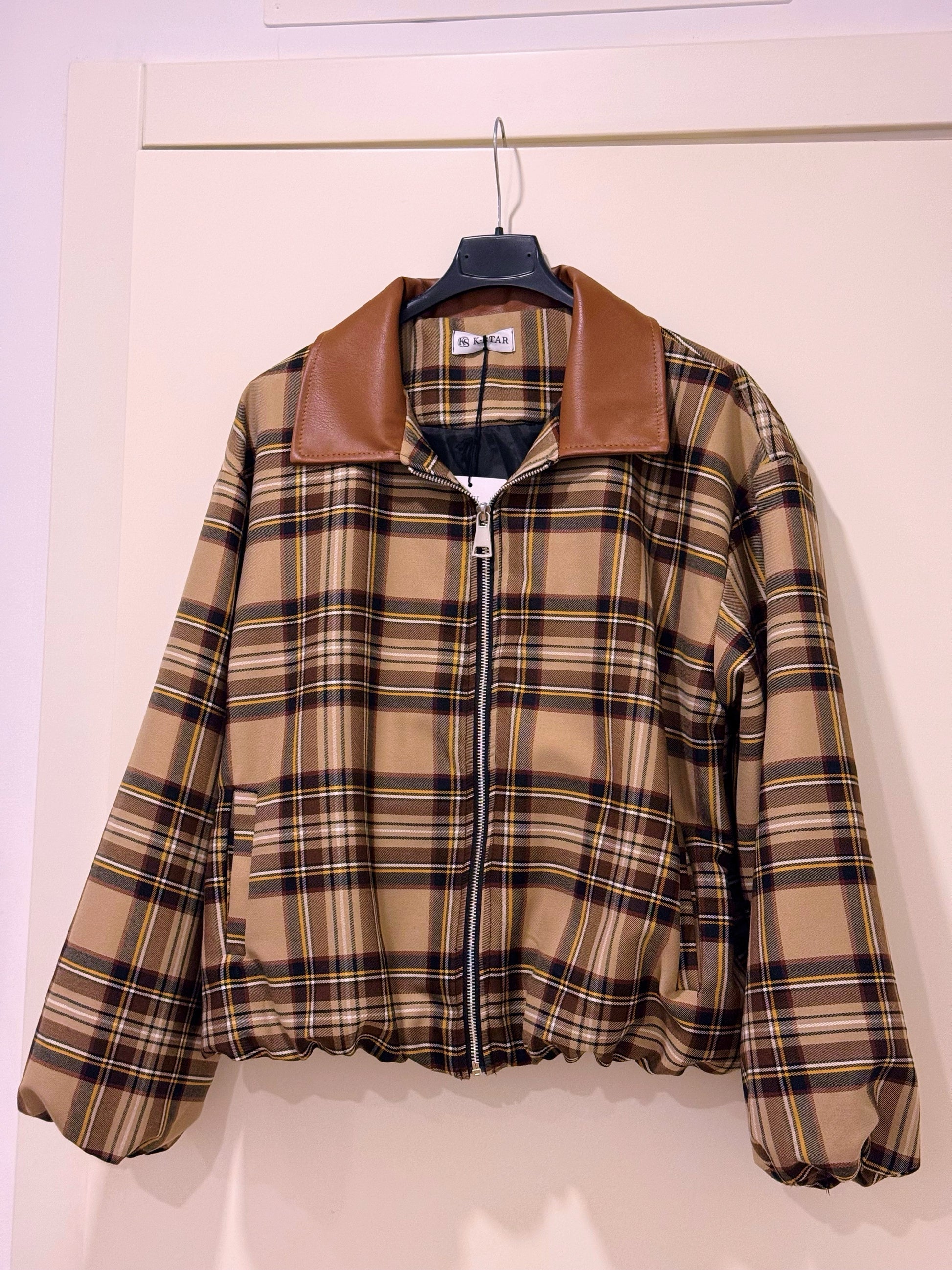 Casaco estilo bomber | Padrão xadrez castanho