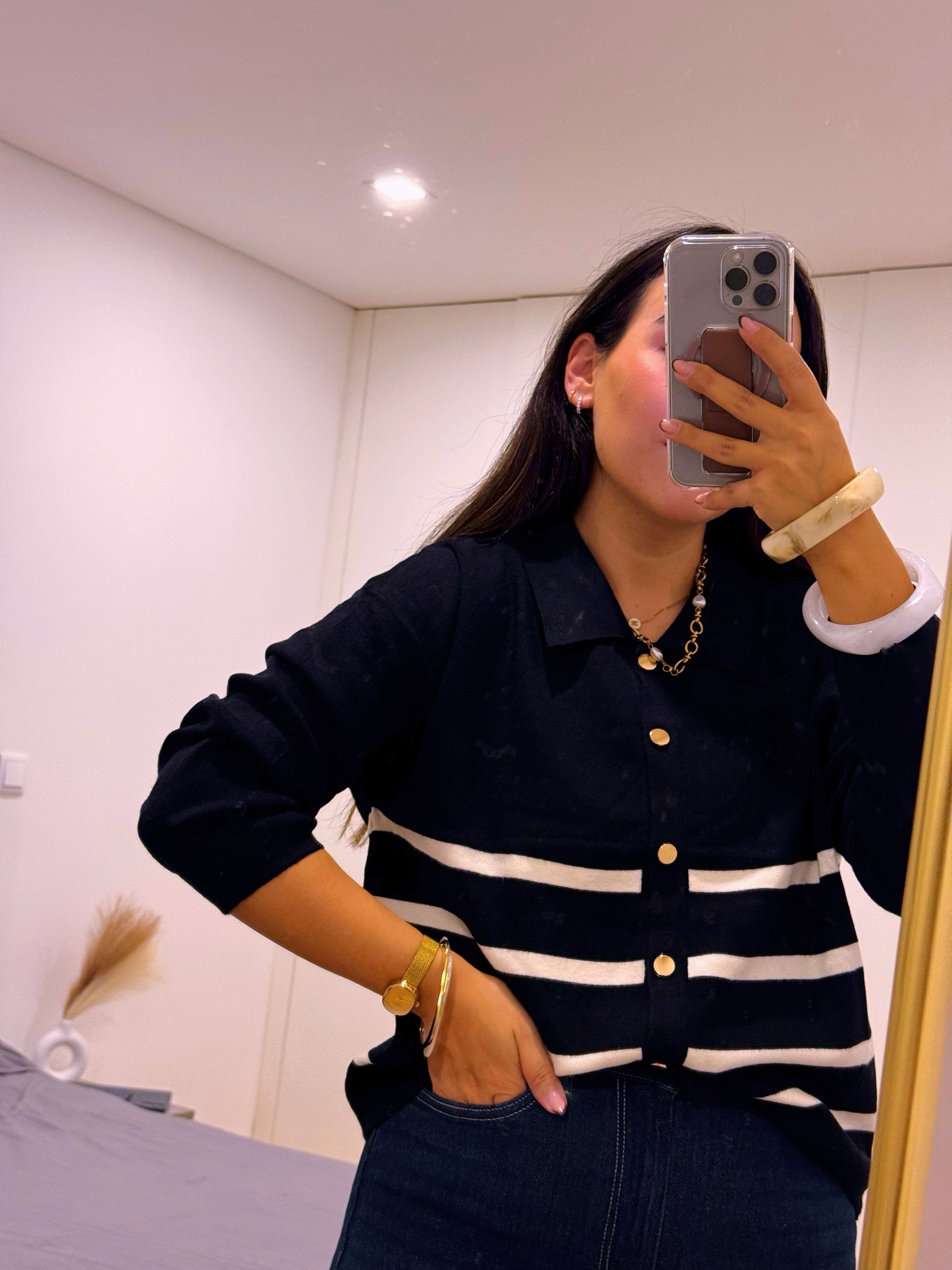 Camisola/Casaco com botões dourados e riscas - 5 cores