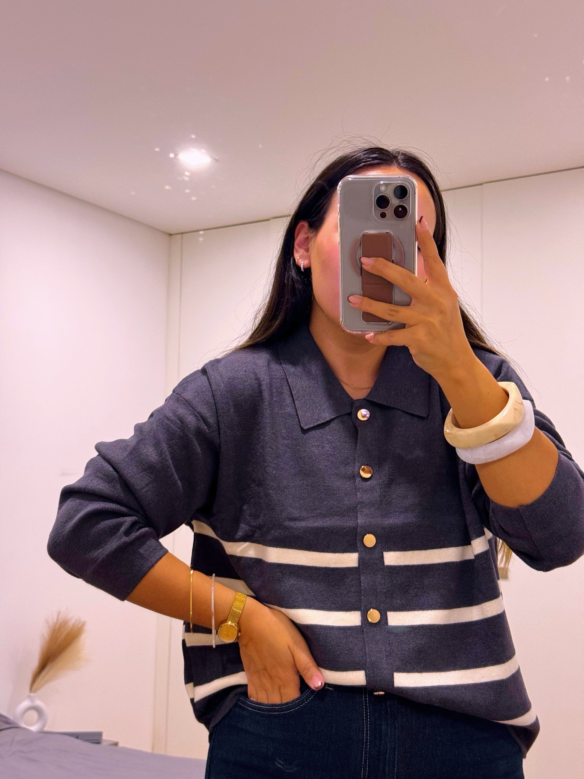 Camisola/Casaco com botões dourados e riscas - 5 cores