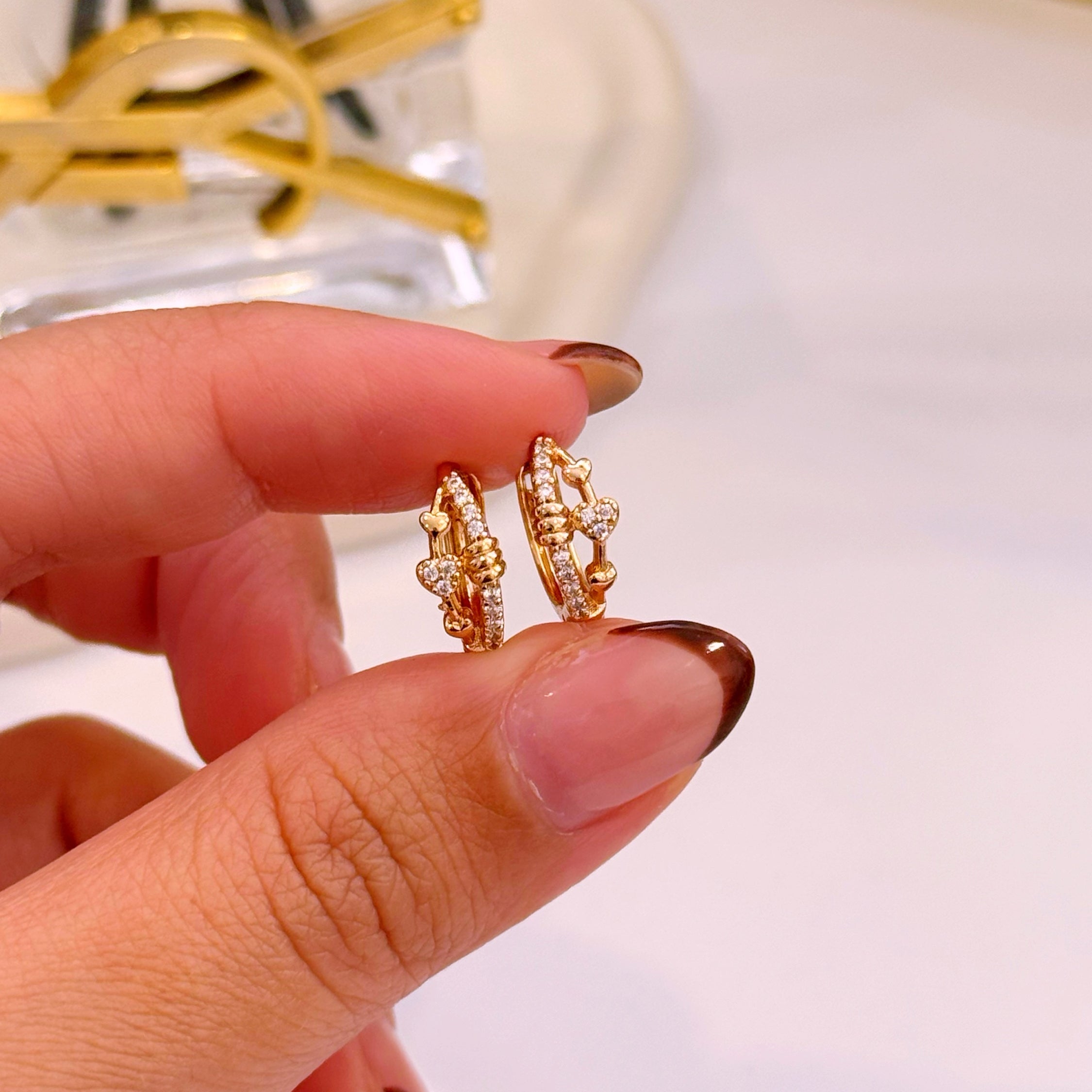 Argolinhas efeito duplo com corações e brilhantes | Rose Gold