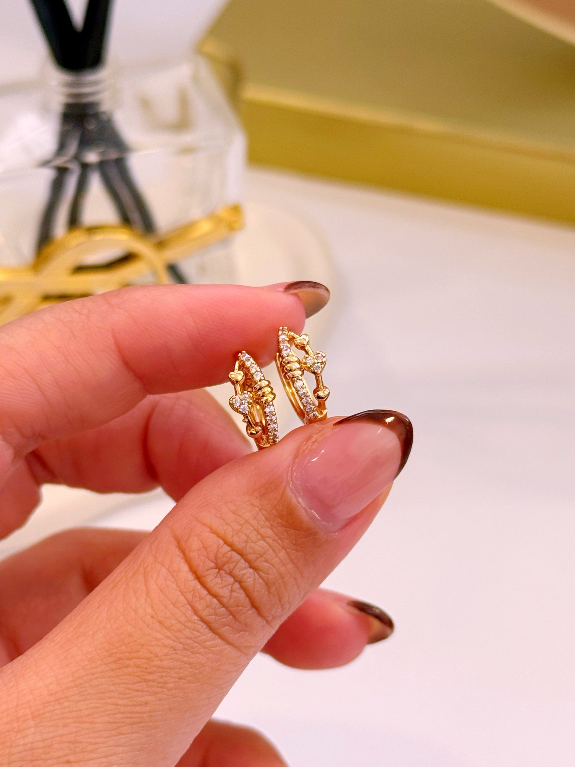 Argolinhas efeito duplo com corações e brilhantes | Rose Gold