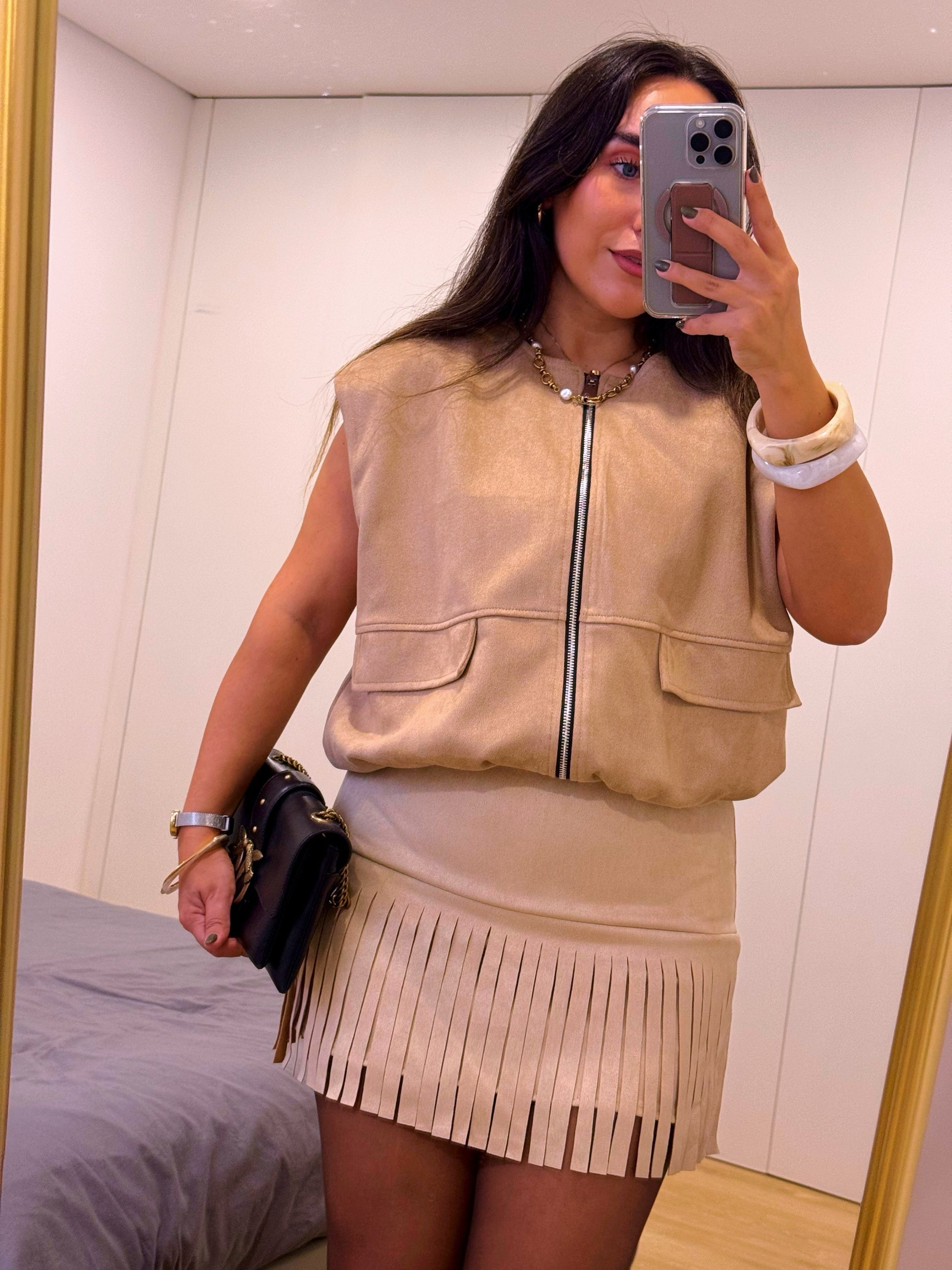 Saia-Calção em pele de pêssego com tirinhas | Bege