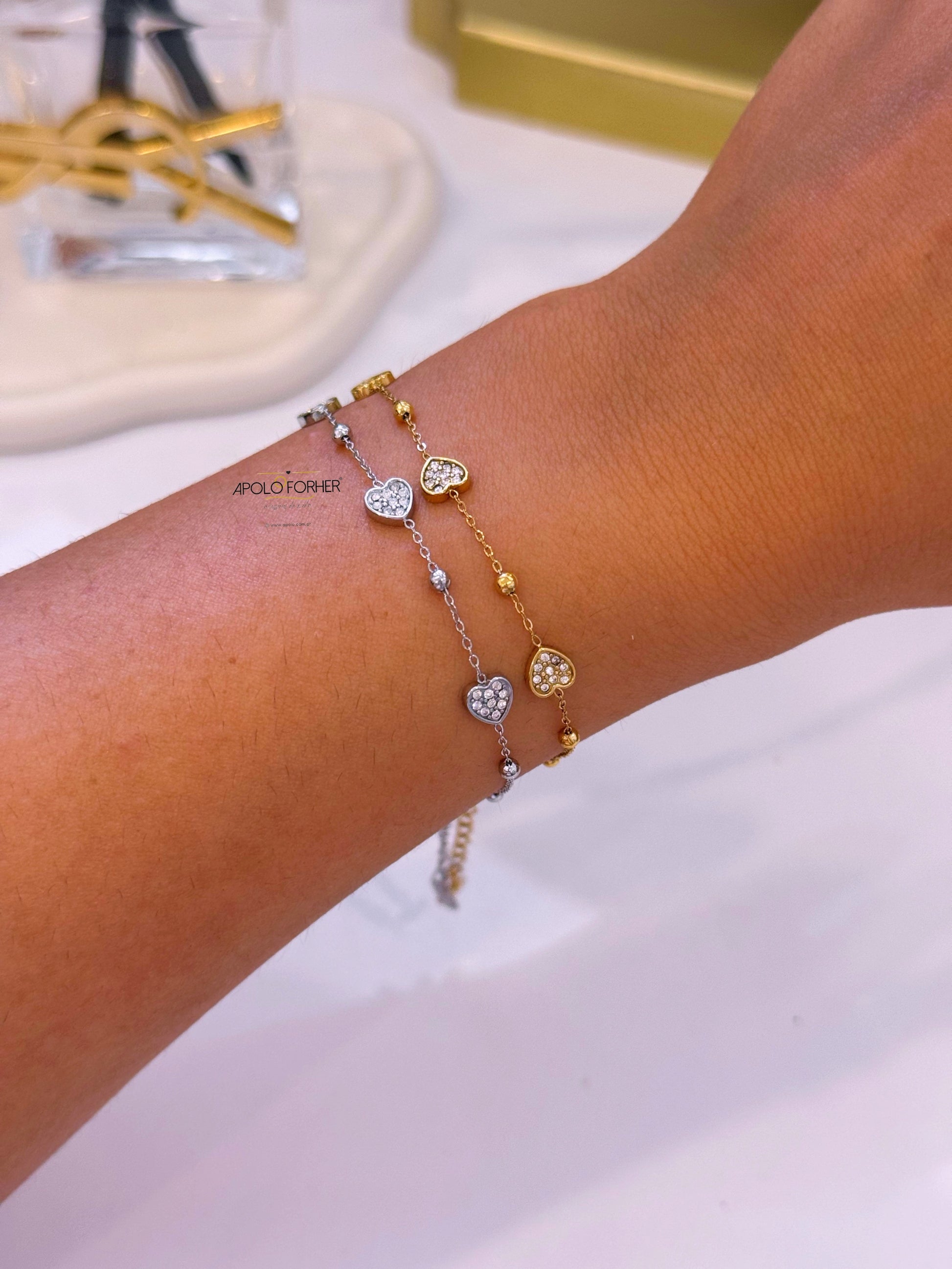 Pulseira malha fina com bolinhas e corações preenchidos com brilhantes  | 2 Cores
