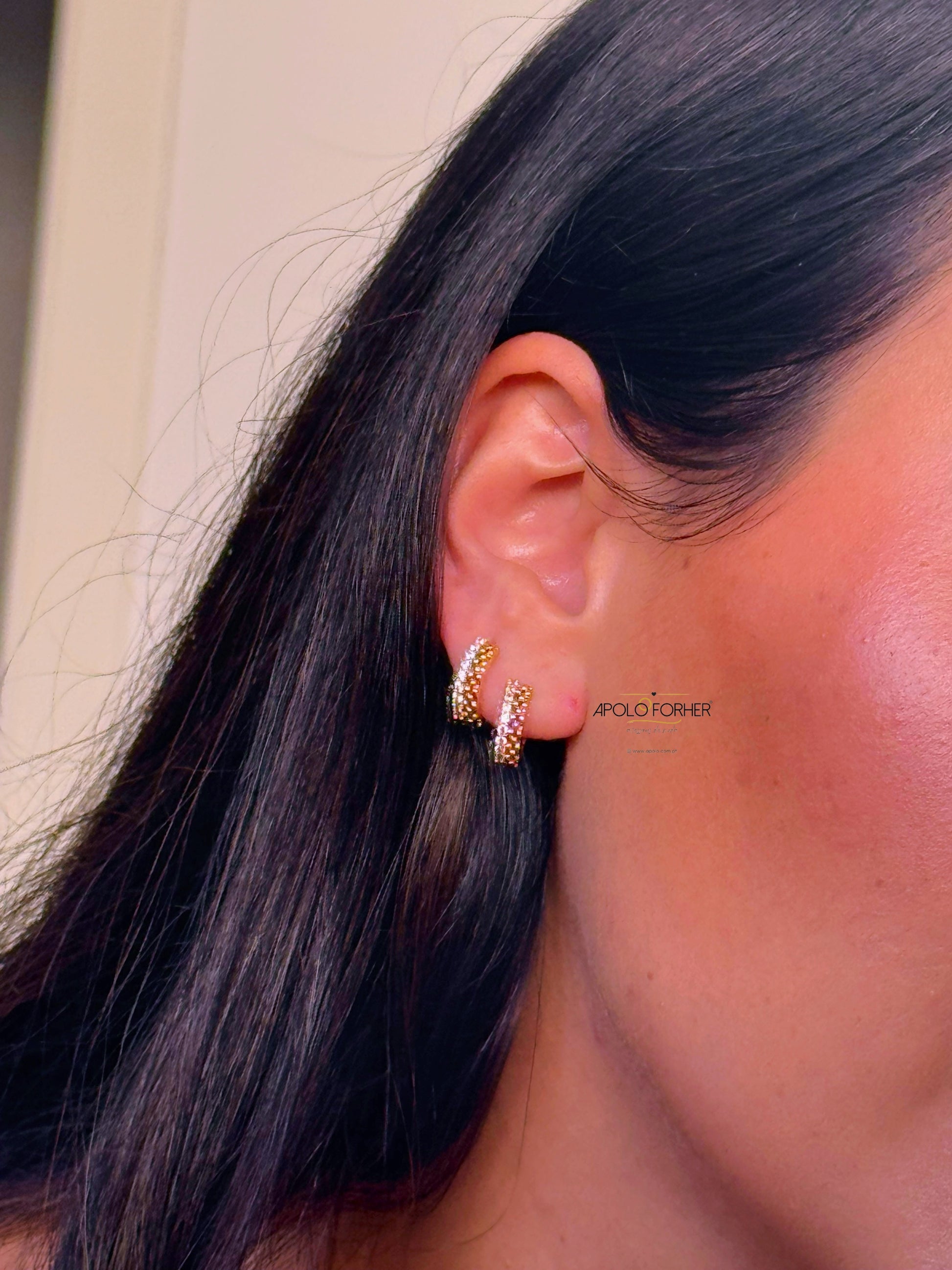 Argolinhas com efeito corrente e fila de brilhantes | Rose Gold