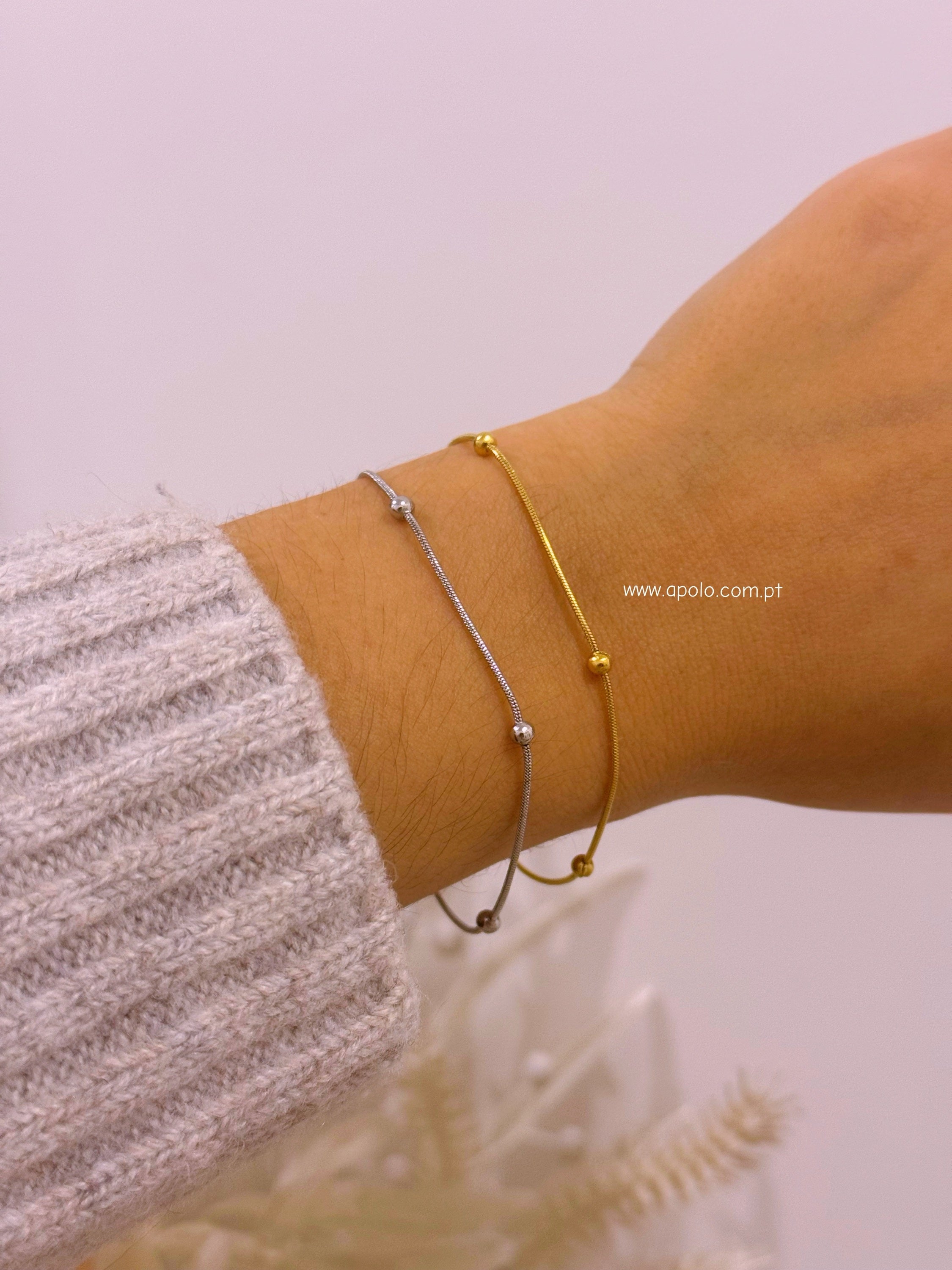 Pulseira malha redonda fininha com bolinhas | 2 Cores