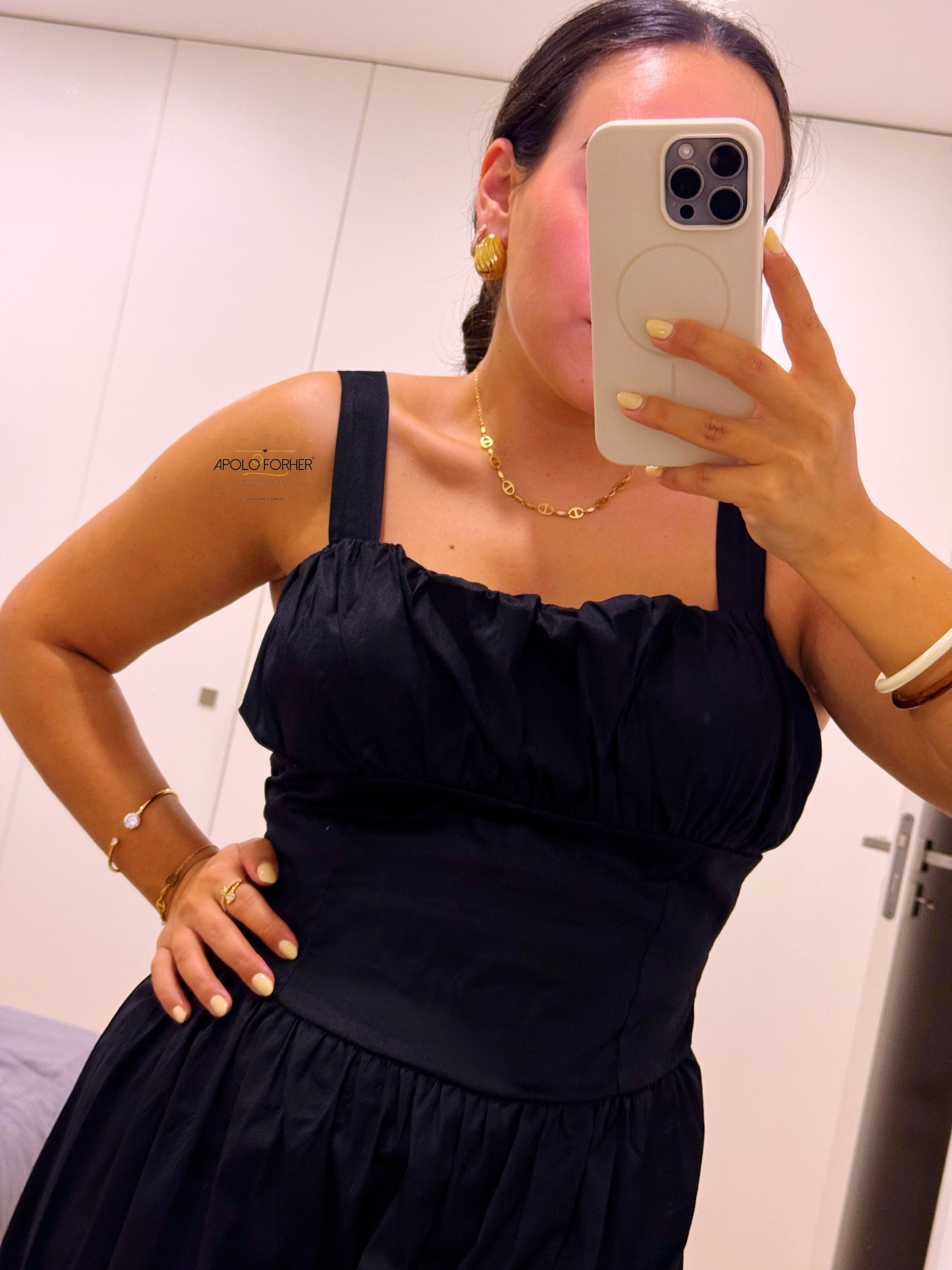 Vestido longo em algodão com cintura justa | Preto