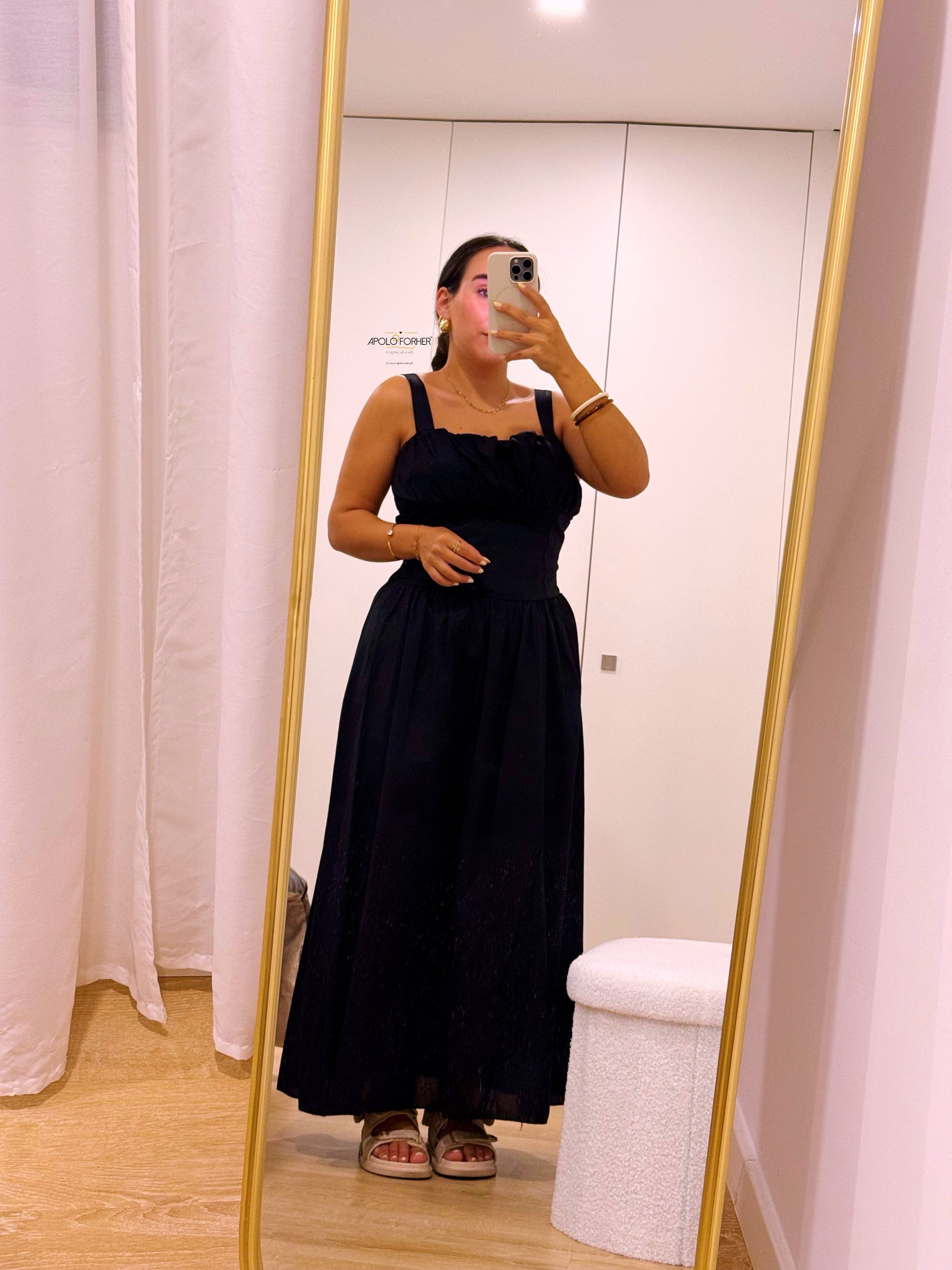 Vestido longo em algodão com cintura justa | Preto