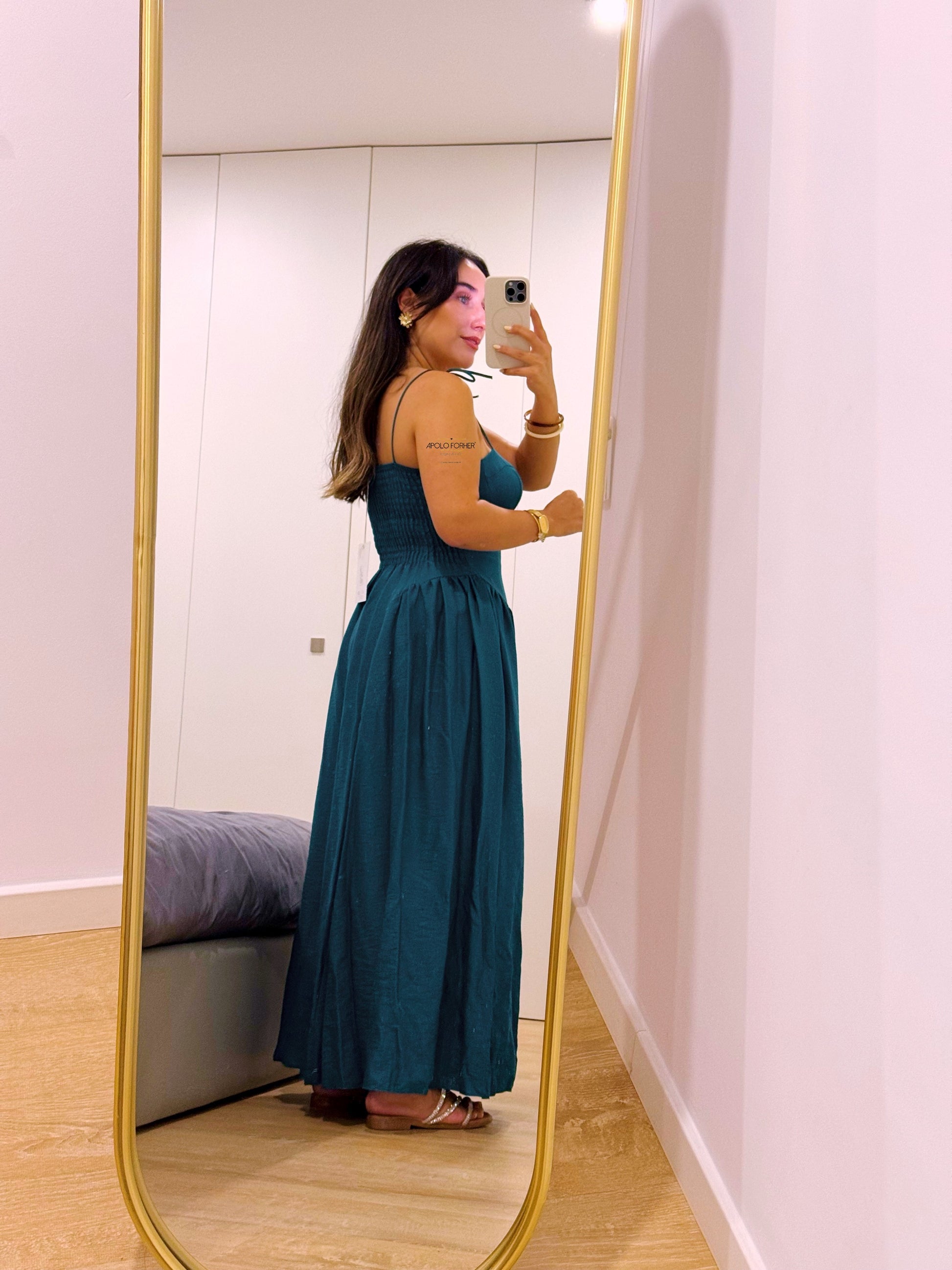 Vestido com preguinhas nas laterais | Azul Petróleo