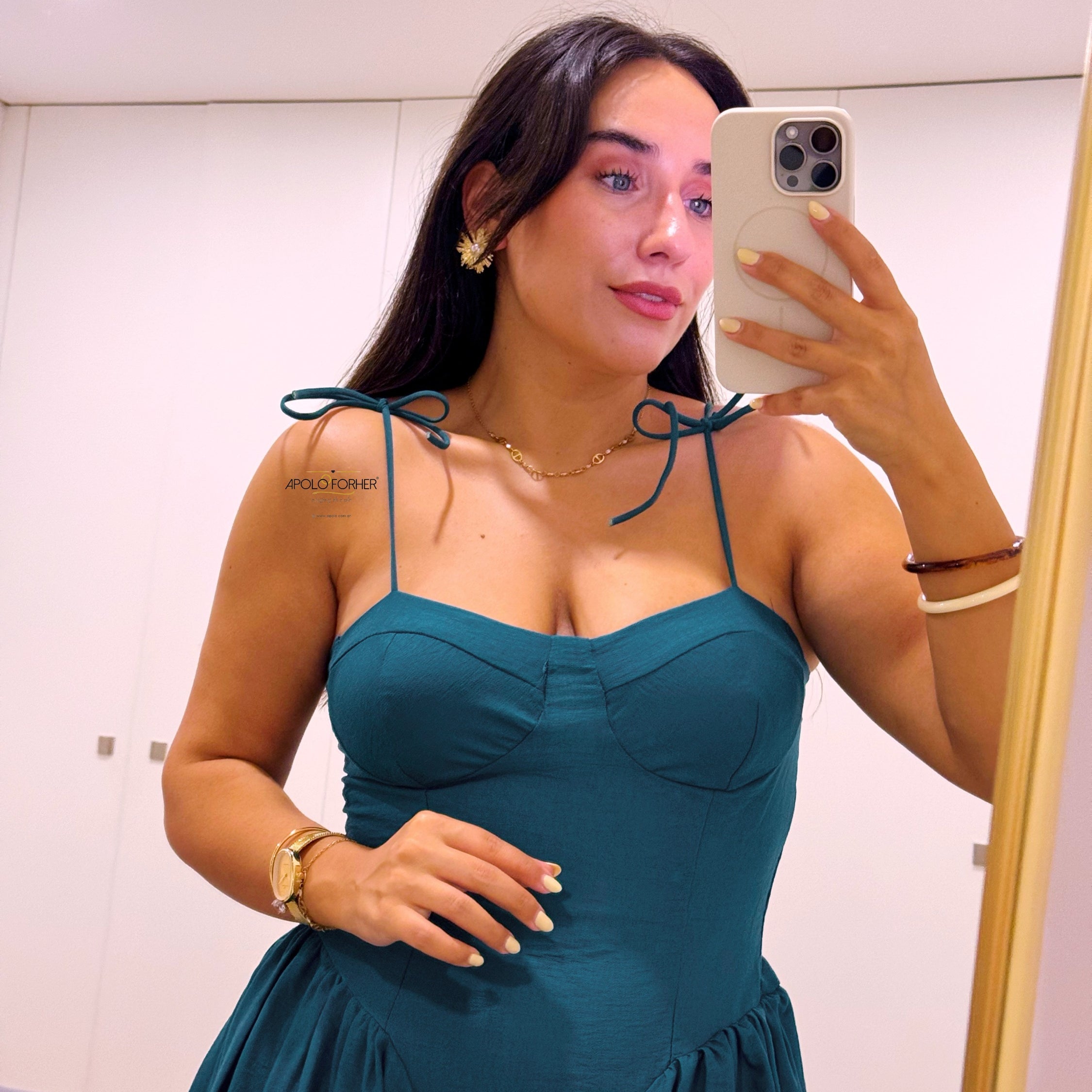 Vestido com preguinhas nas laterais | Azul Petróleo