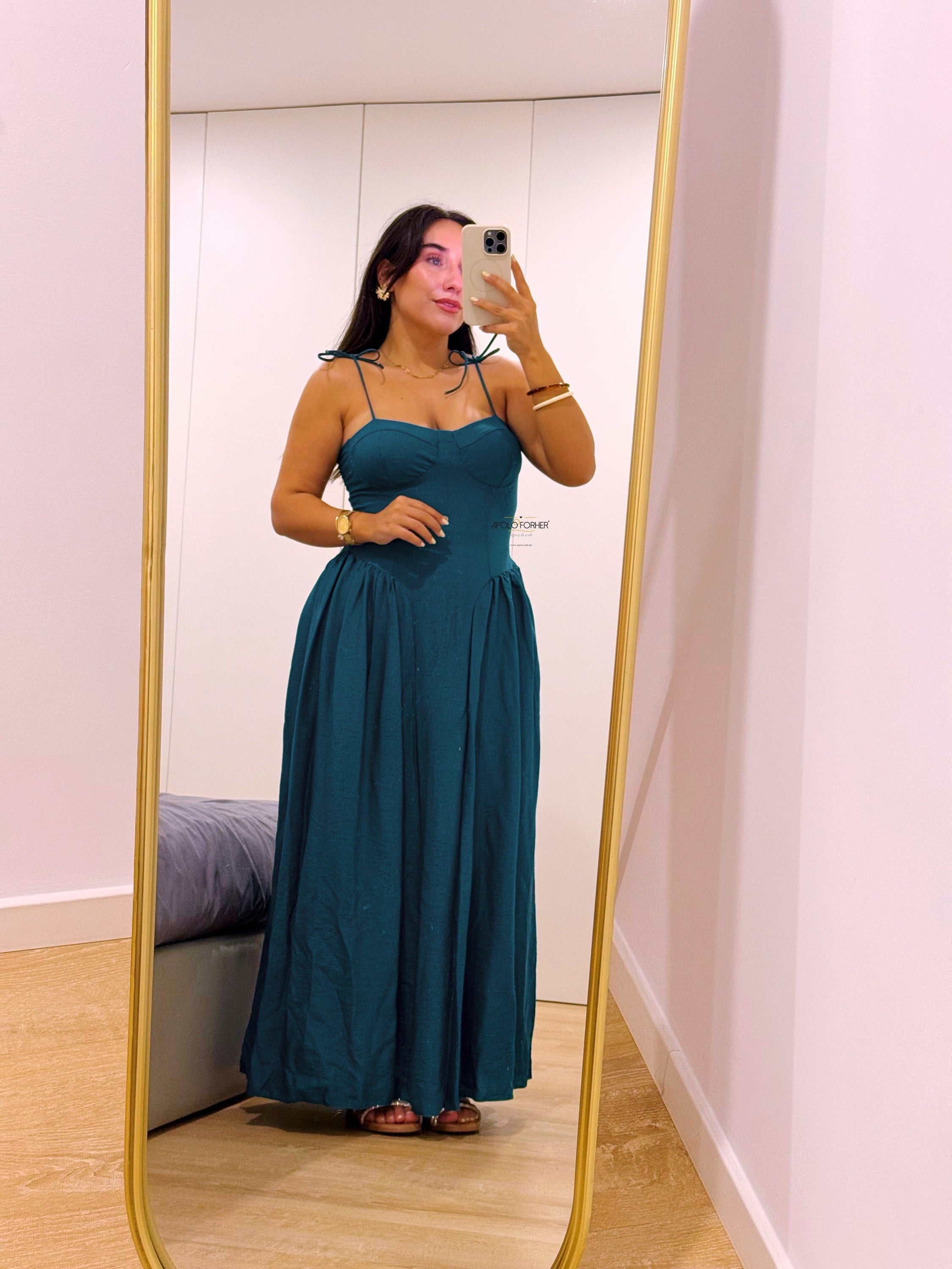 Vestido com preguinhas nas laterais | Azul Petróleo