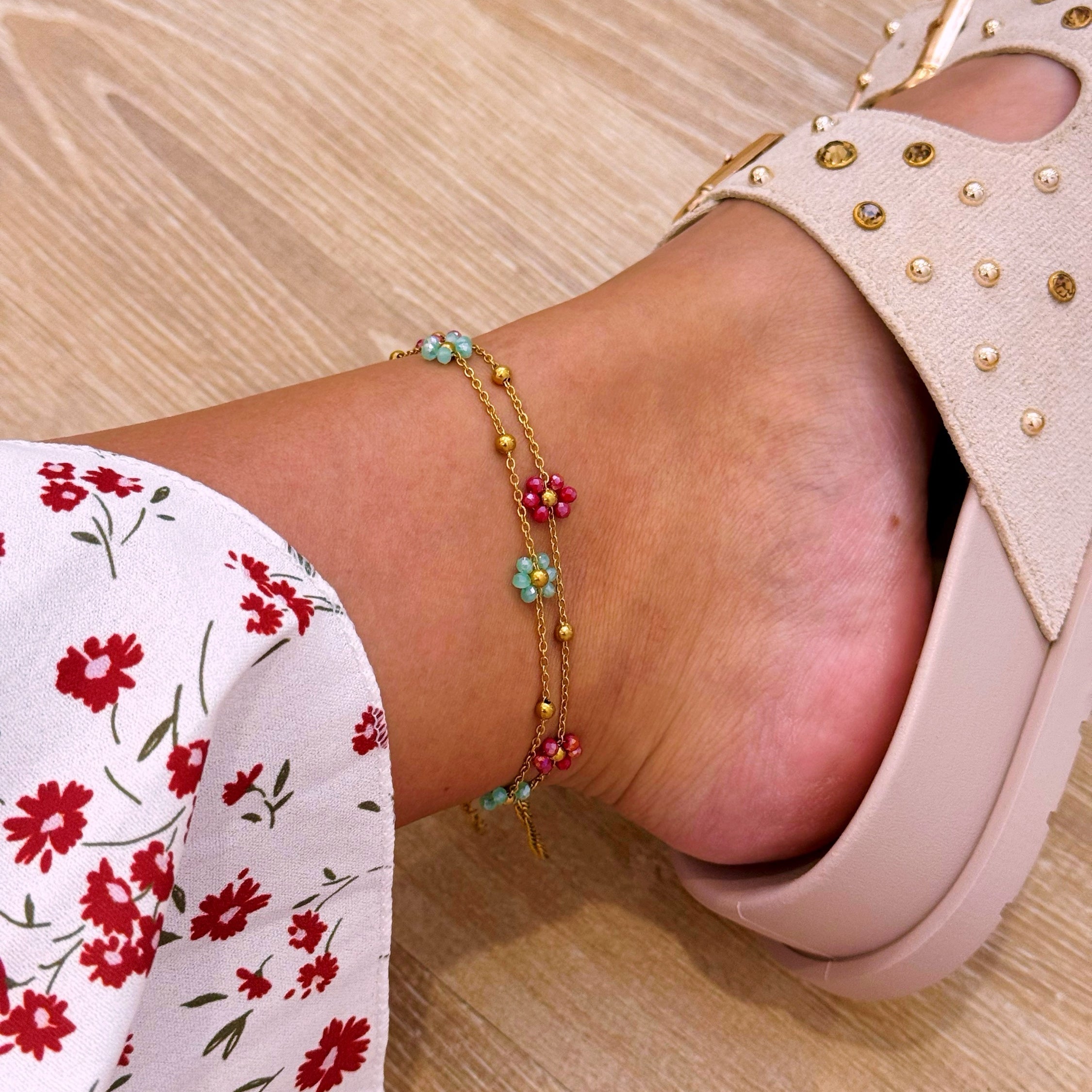 Pulseira de pé dourada com flores | 2 cores