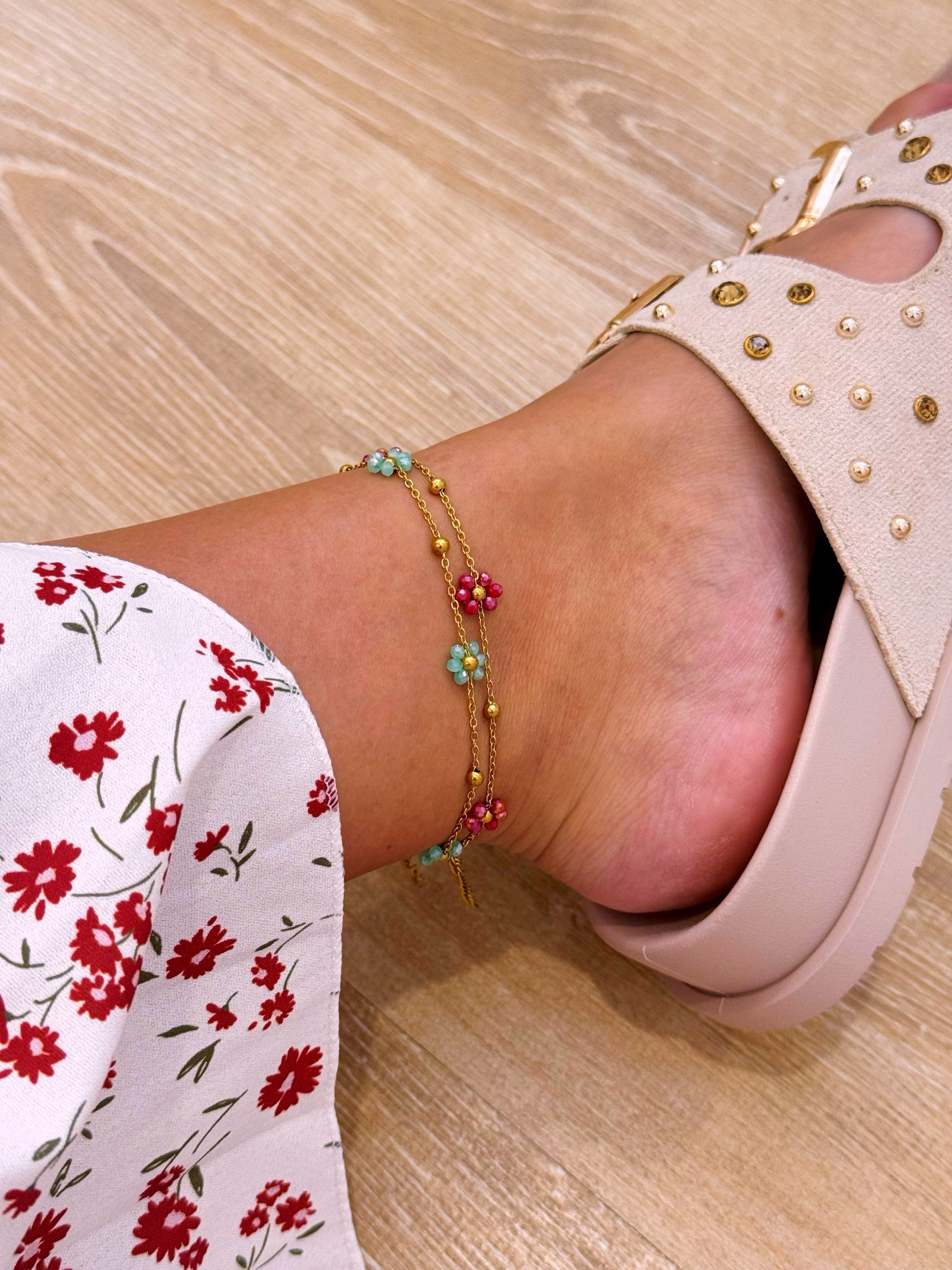 Pulseira de pé dourada com flores | 2 cores