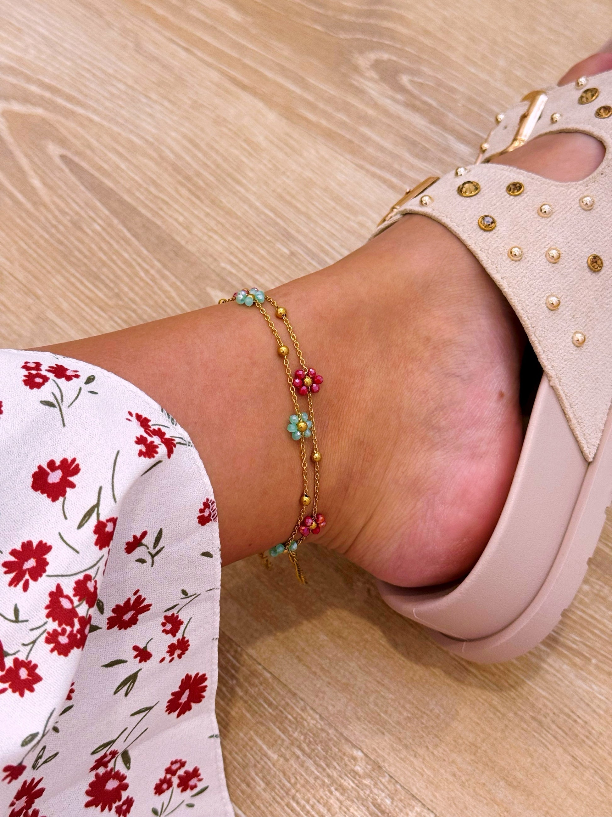 Pulseira de pé dourada com flores | 2 cores