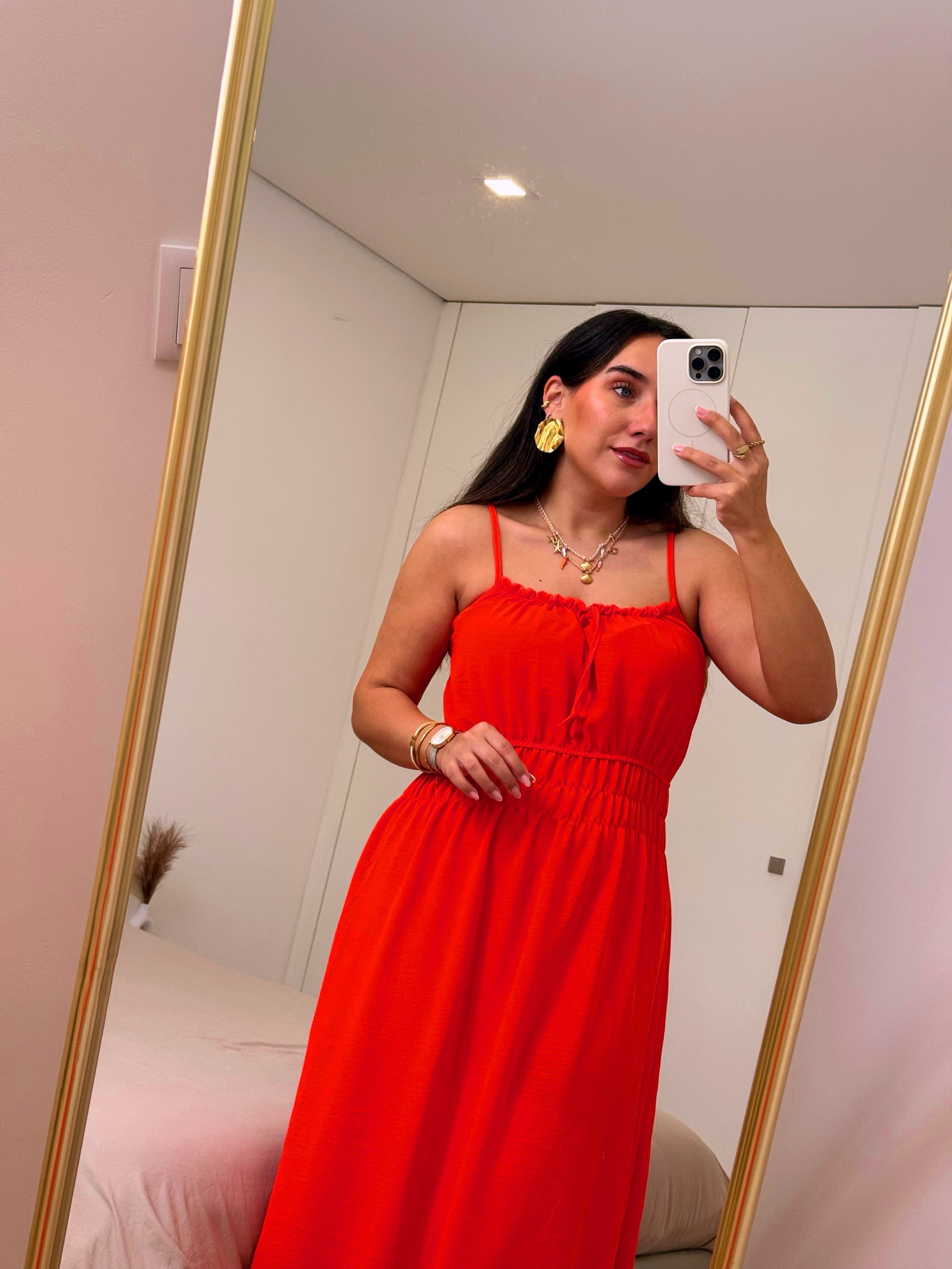 Vestido longo com elástico na cintura | Laranja