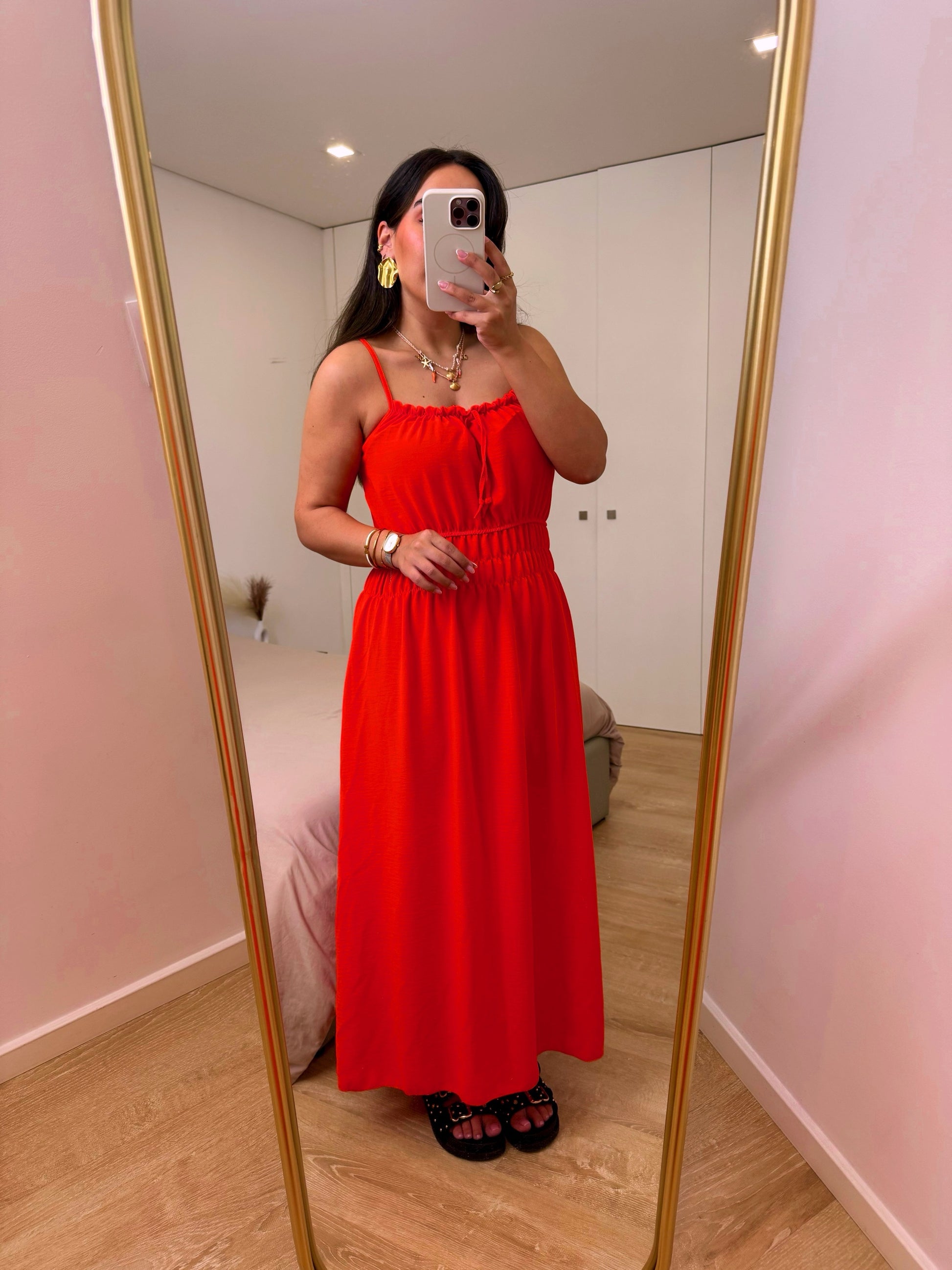 Vestido longo com elástico na cintura | Laranja