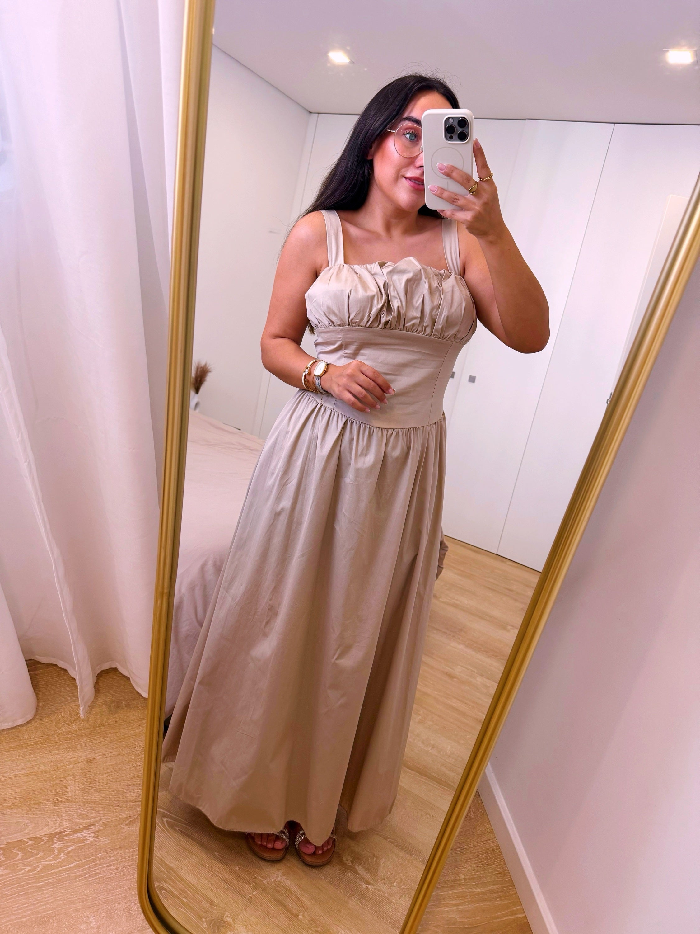 Vestido longo em algodão com cintura justa | Bege