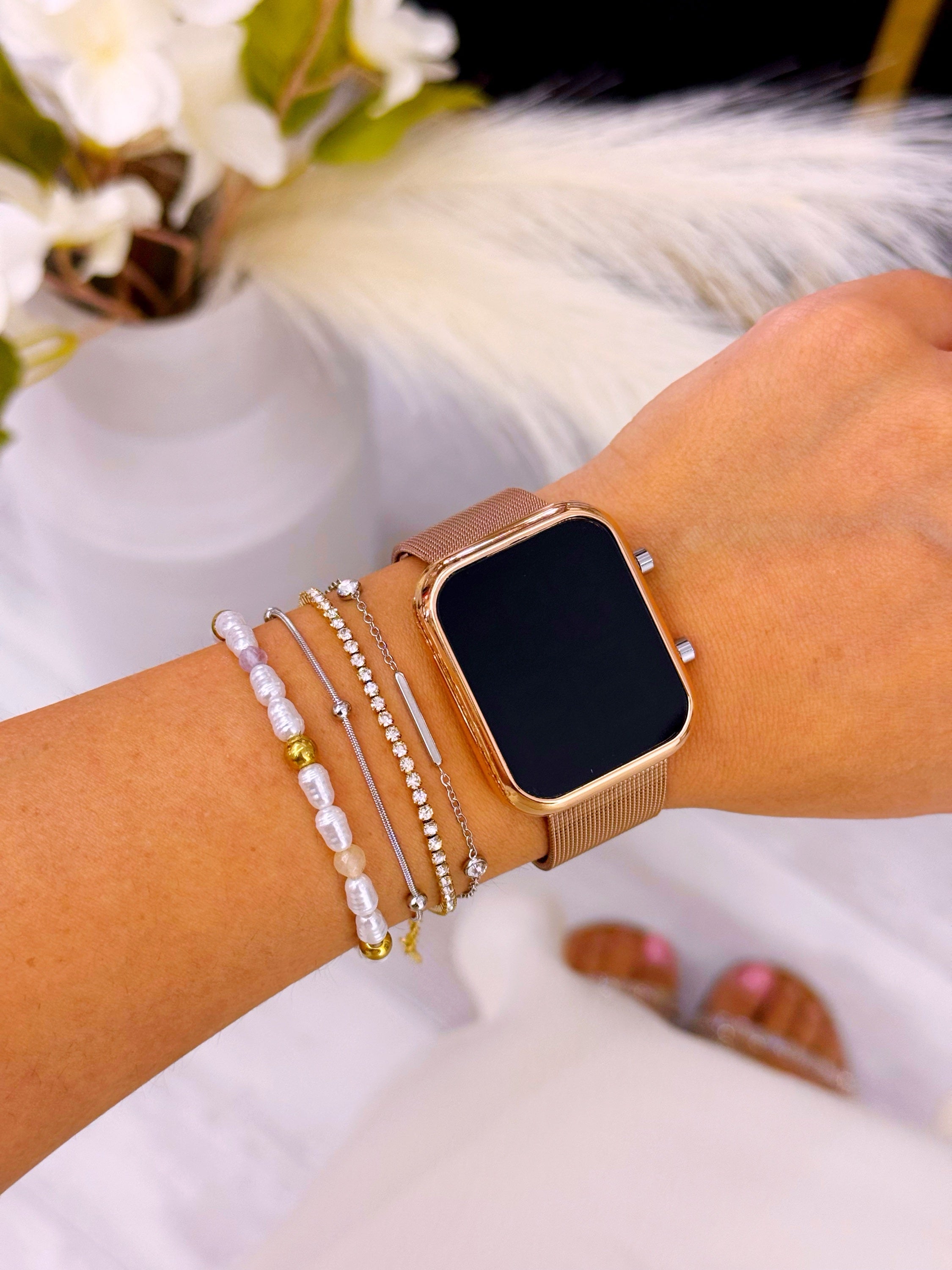 Relógio digital mostrador retangular | Rose Gold