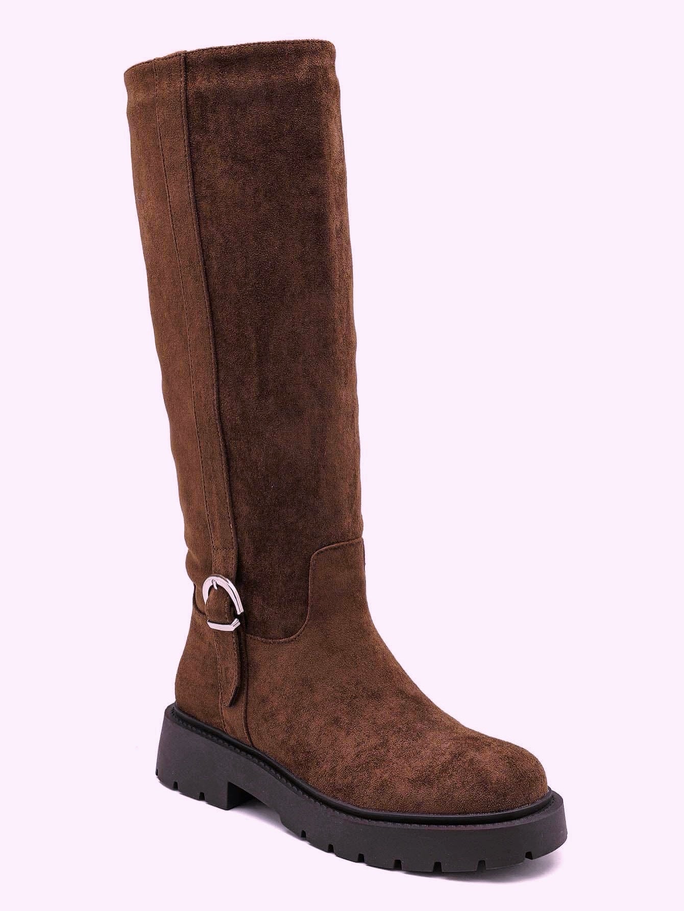 Botas de cano alto efeito camurça com pormenor de fivela | Castanho