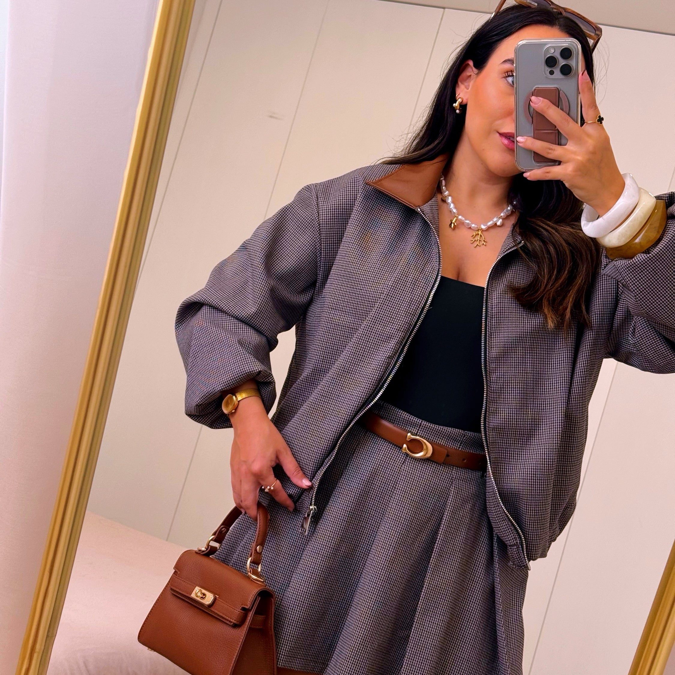 CONJUNTO 2 PEÇAS 🔥 • Saia e Casaco bomber | Padrão castanho e preto