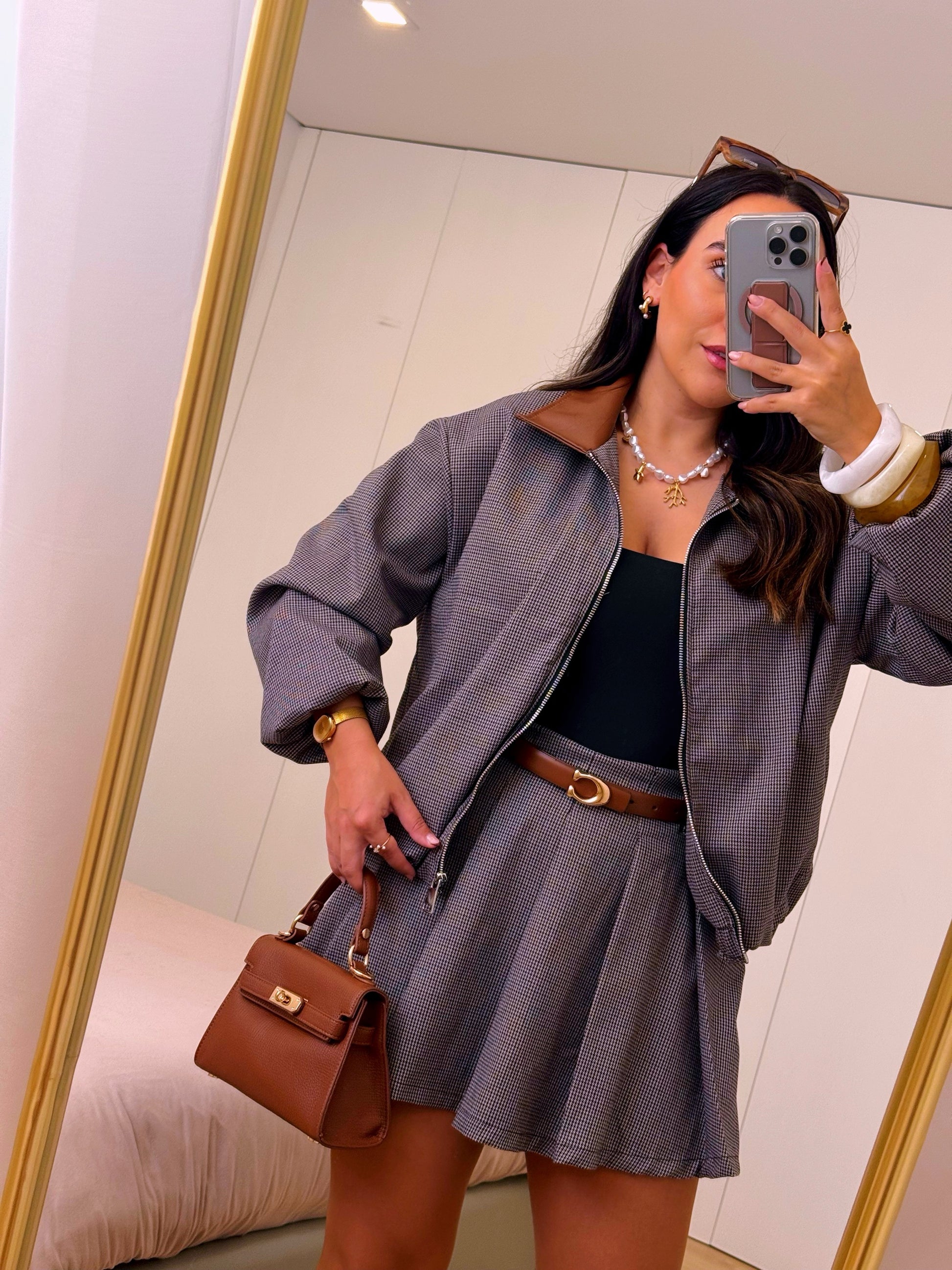 CONJUNTO 2 PEÇAS 🔥 • Saia e Casaco bomber | Padrão castanho e preto