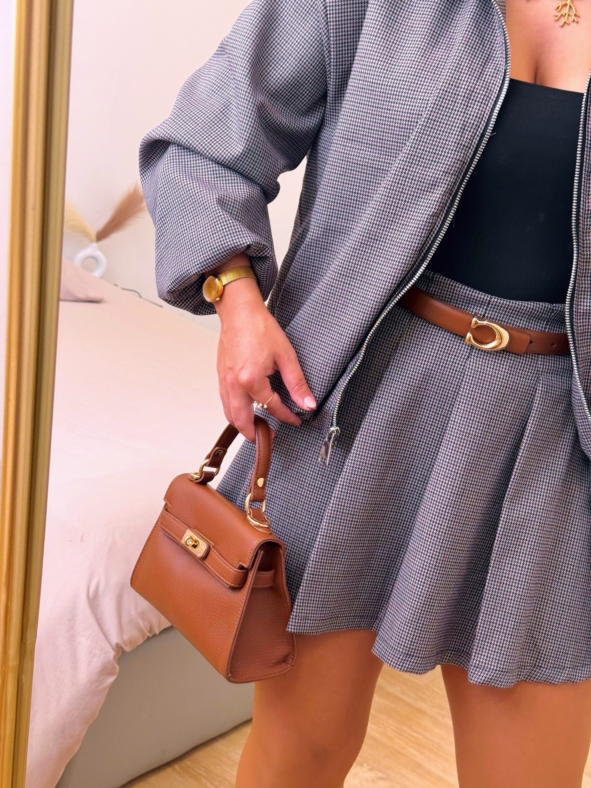 CONJUNTO 2 PEÇAS 🔥 • Saia e Casaco bomber | Padrão castanho e preto