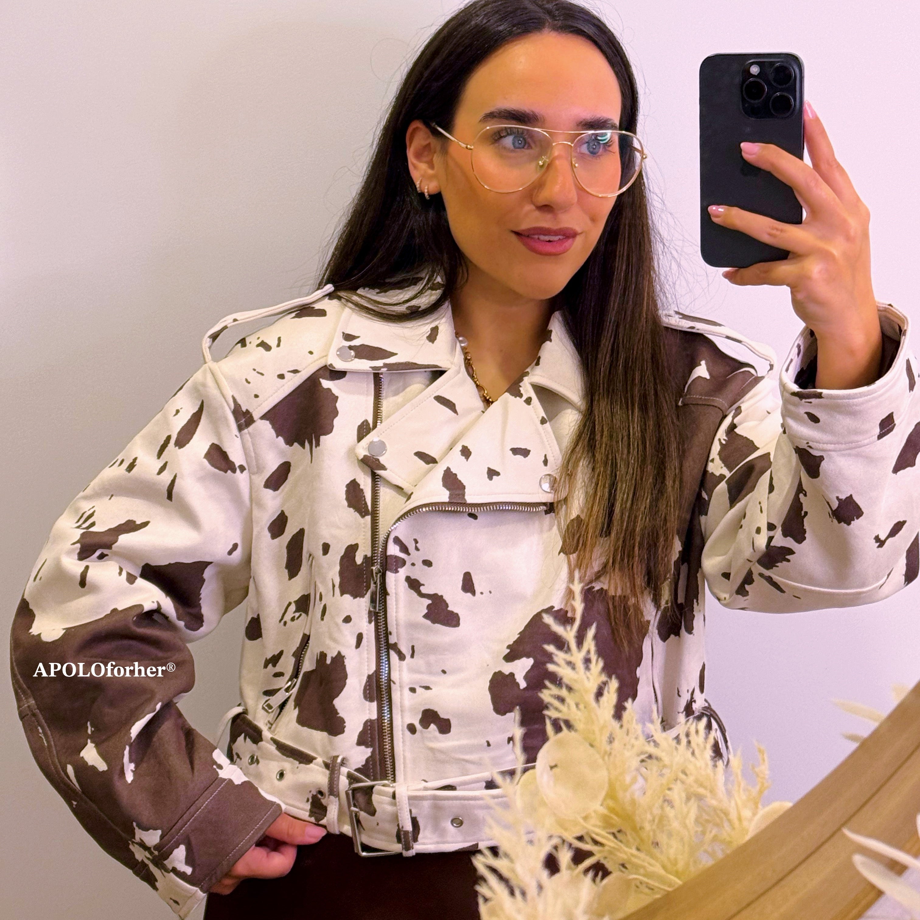 Casaco cropped em pele de pêssego | Animal print