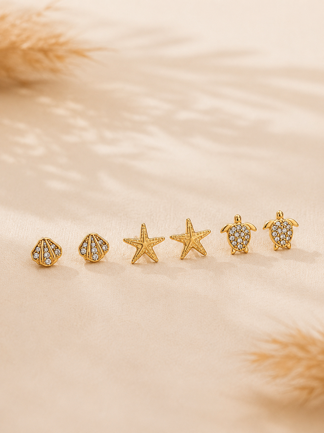 Conjunto de 6 brincos conchinha , estrelinha e tartaruga | Dourado em aço inoxidável