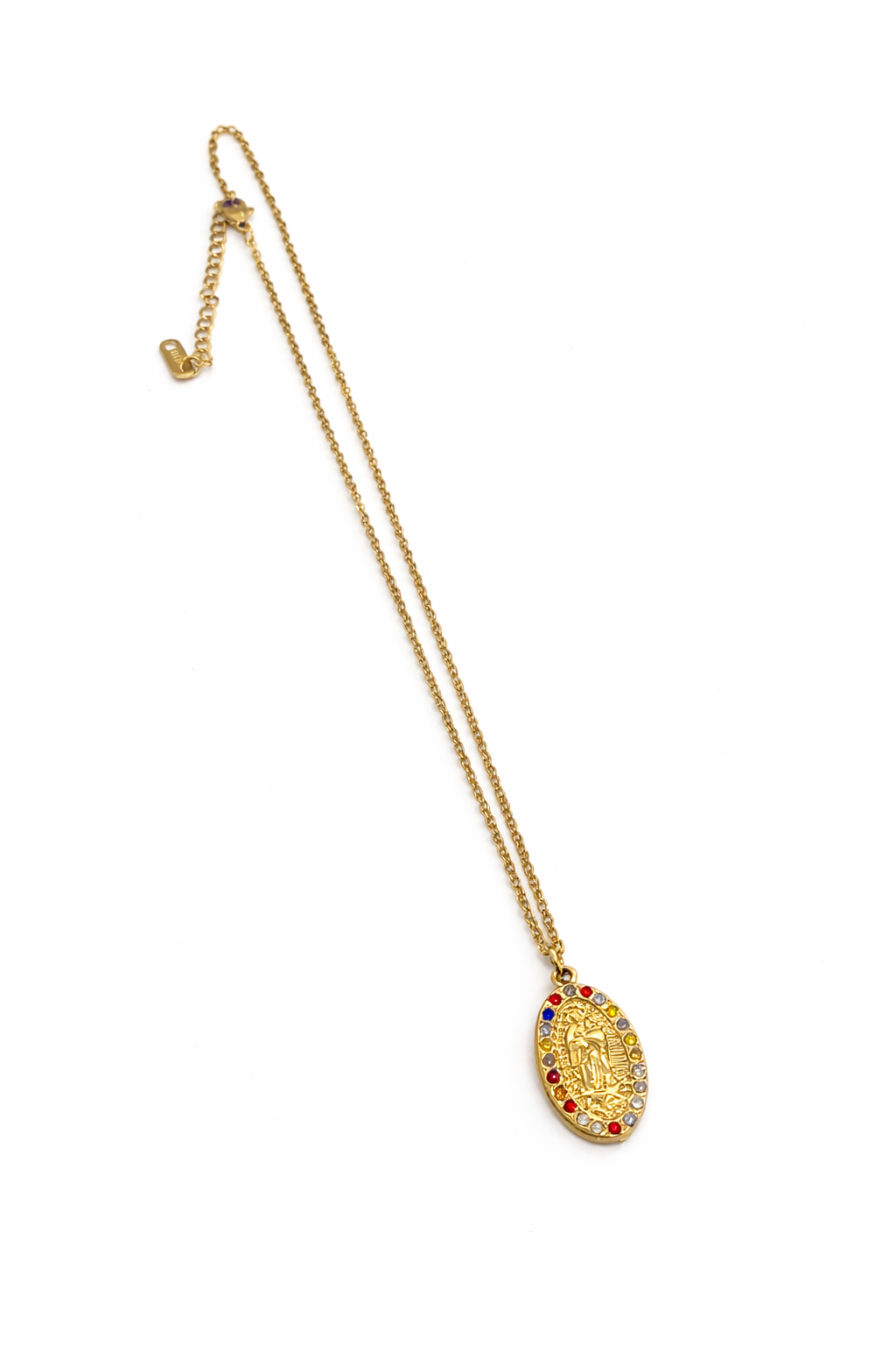 Colar malha fininha com medalha Nª Senhora | Dourado com zircónias coloridas