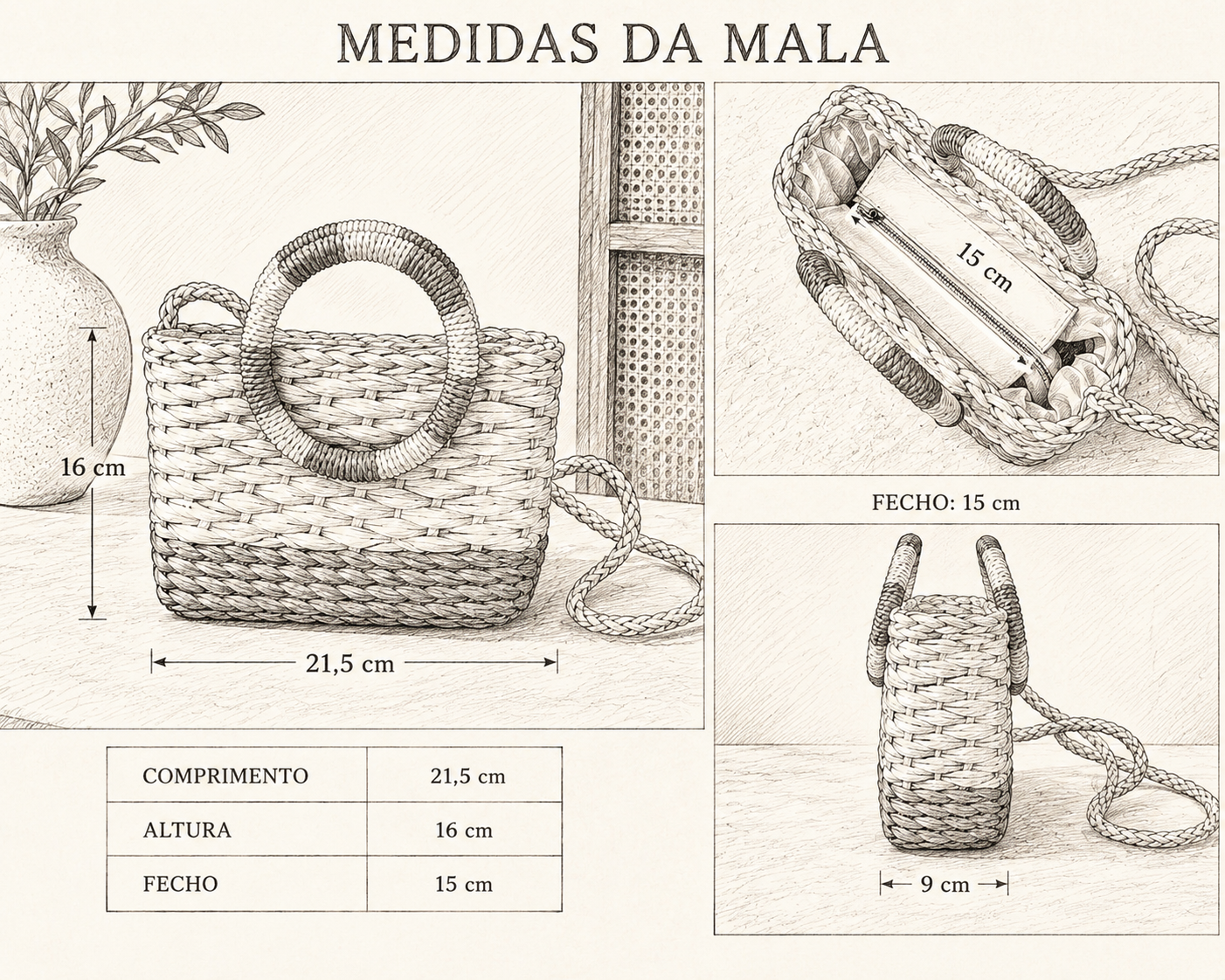 Mala de palha bicolor • com pegas em argolas | Branco e Bege