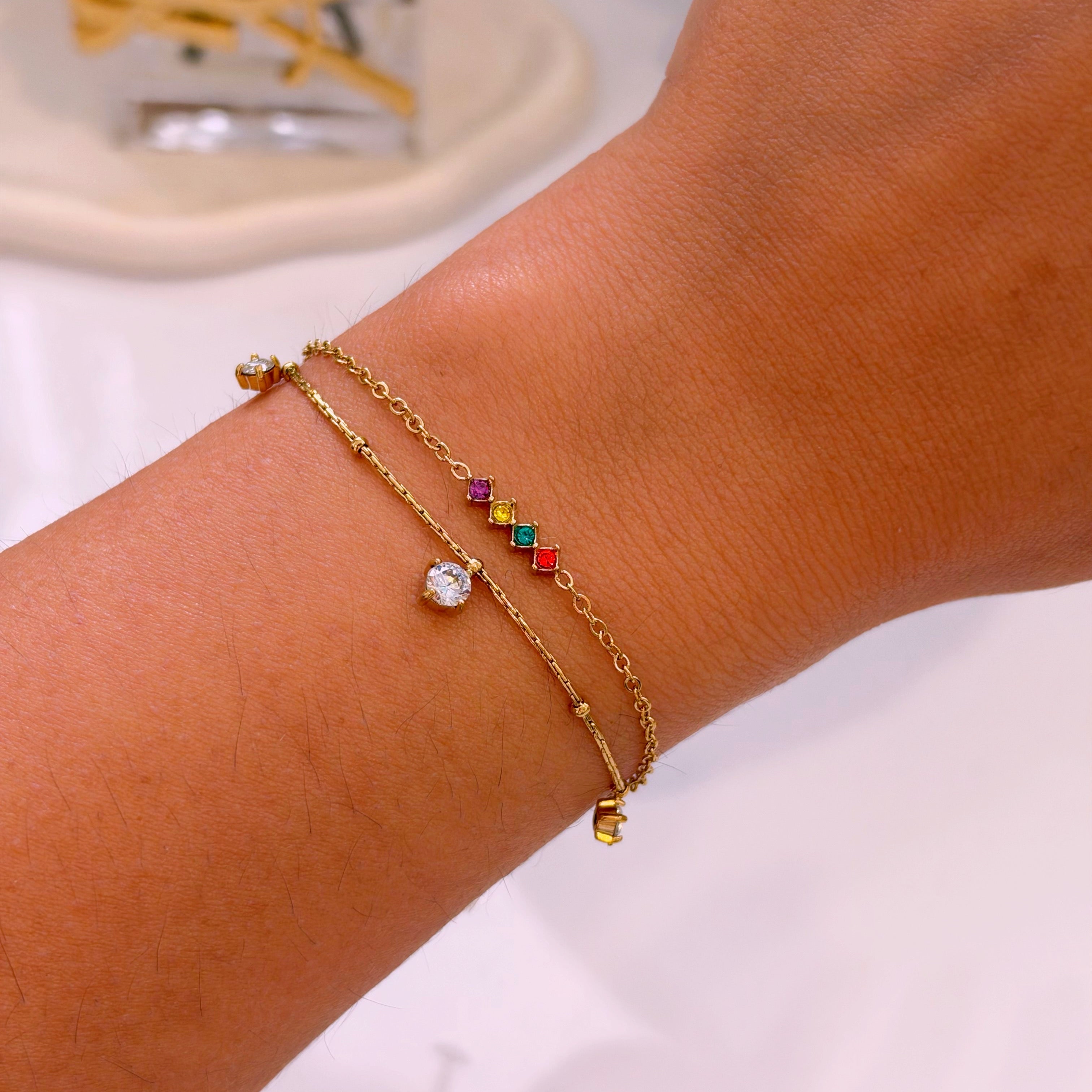 Pulseira efeito duplo malha fina e corrente com brilhantes | Brilhantes Coloridos