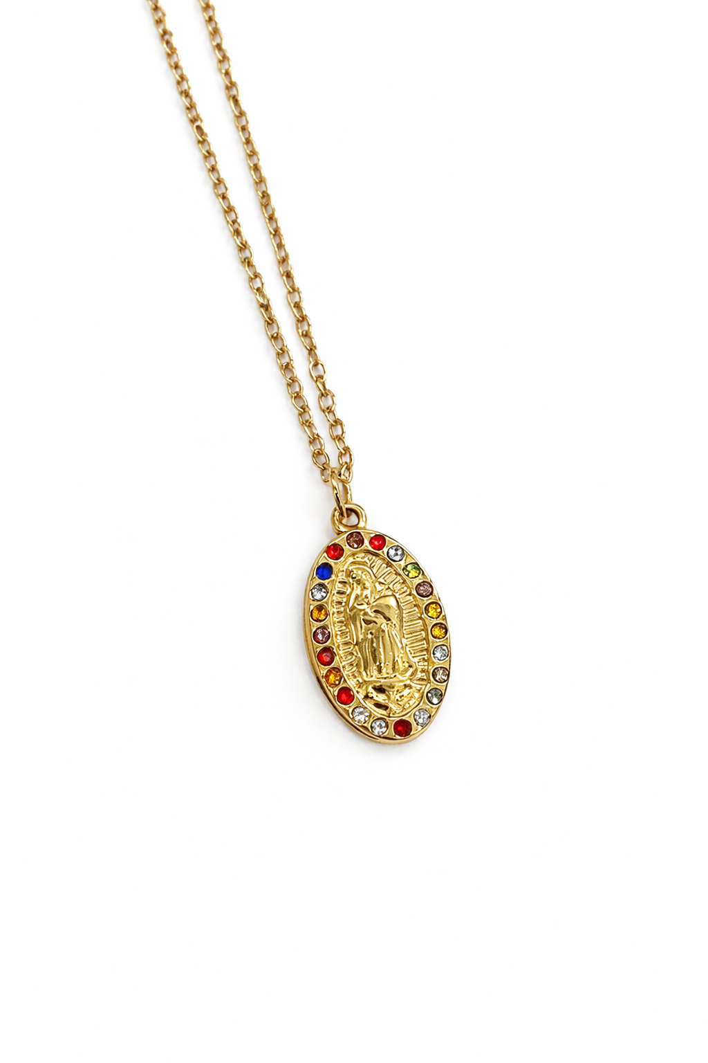 Colar malha fininha com medalha Nª Senhora | Dourado com zircónias coloridas