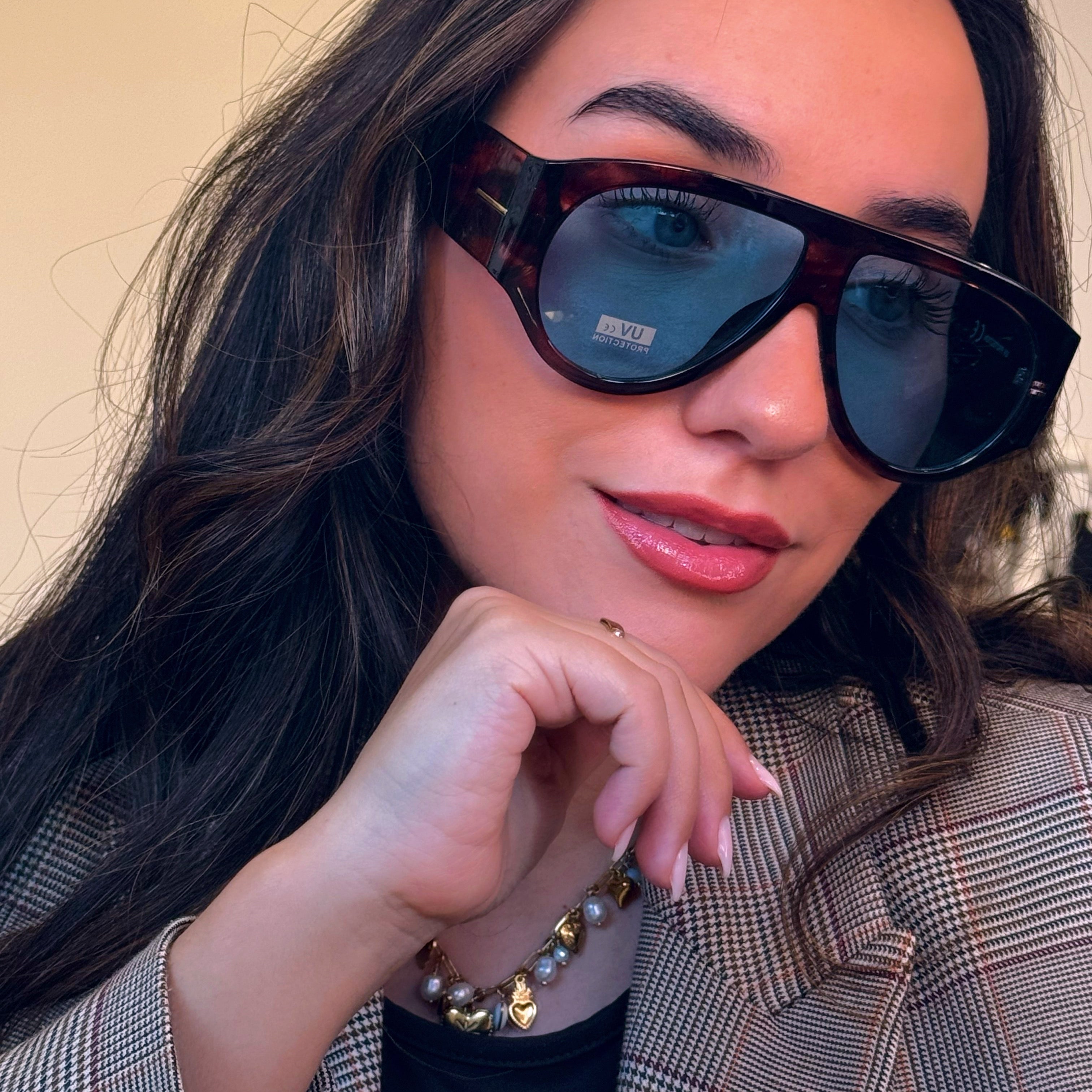 Óculos de sol oversized com armação em massa | Padrão castanho com lente azul