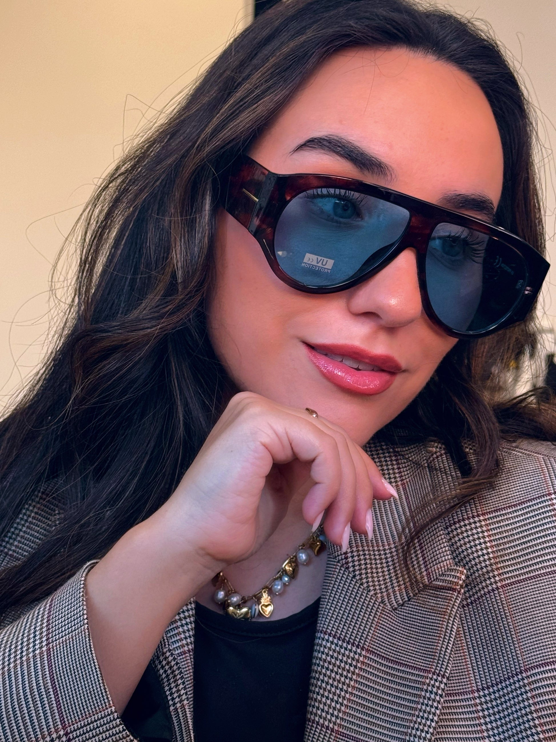 Óculos de sol oversized com armação em massa | Padrão castanho com lente azul
