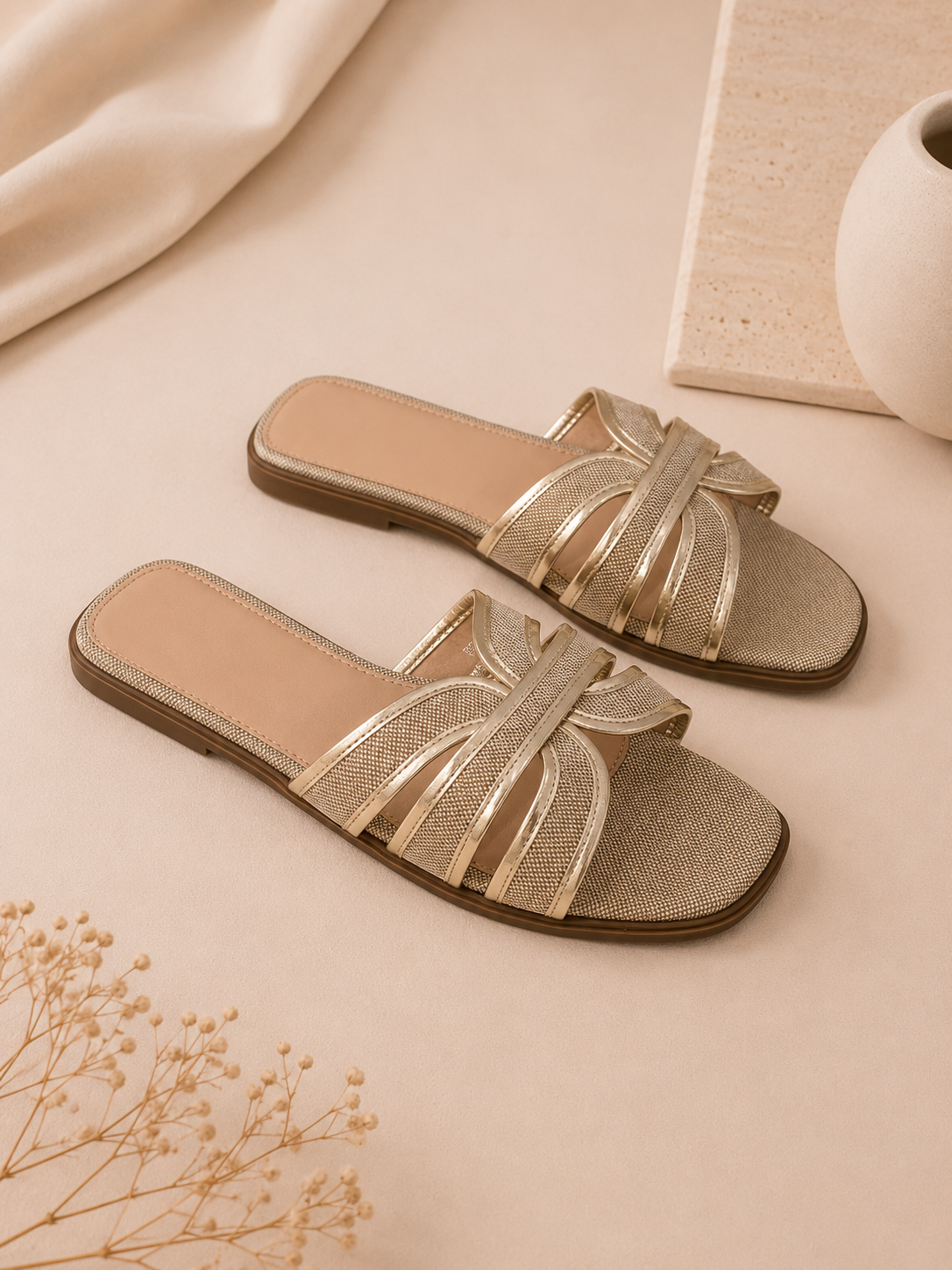Chinelo com fivelas entrelaçadas | Bege e Dourado