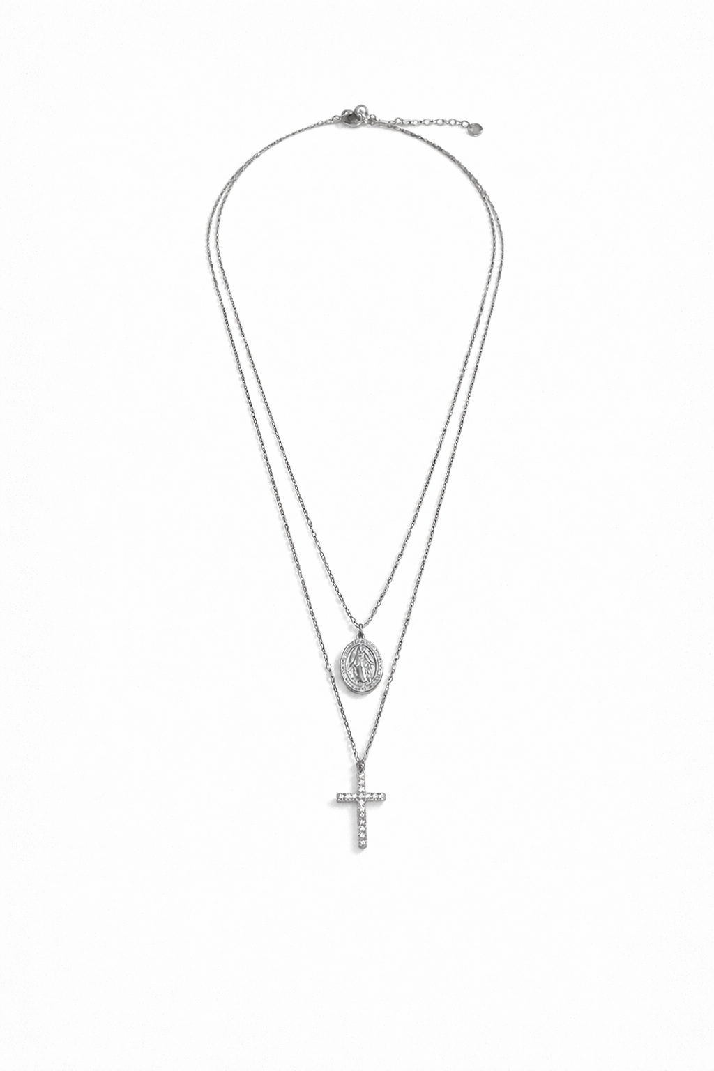 Colar duplo • medalha Nª Senhora e cruz de brilhantes | Prateado